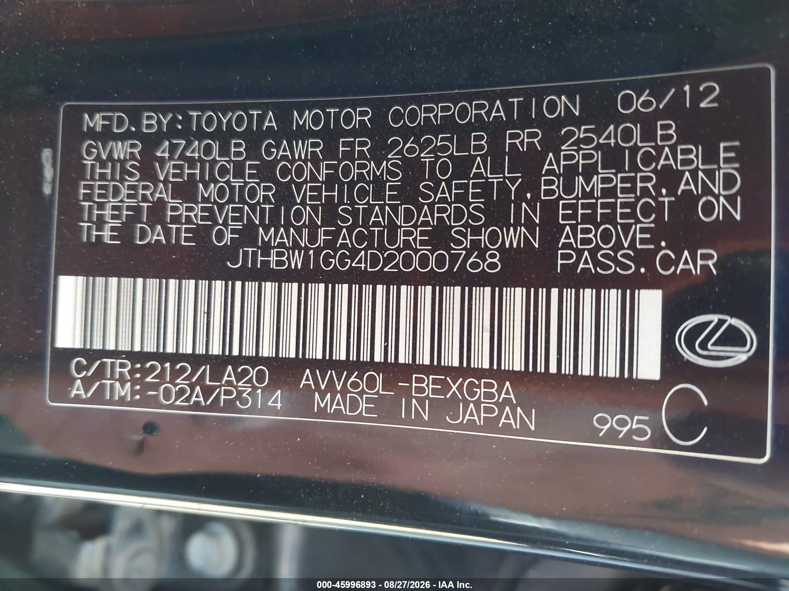 2013 Lexus Es 300h   Black vin: JTHBW1GG4D2000768