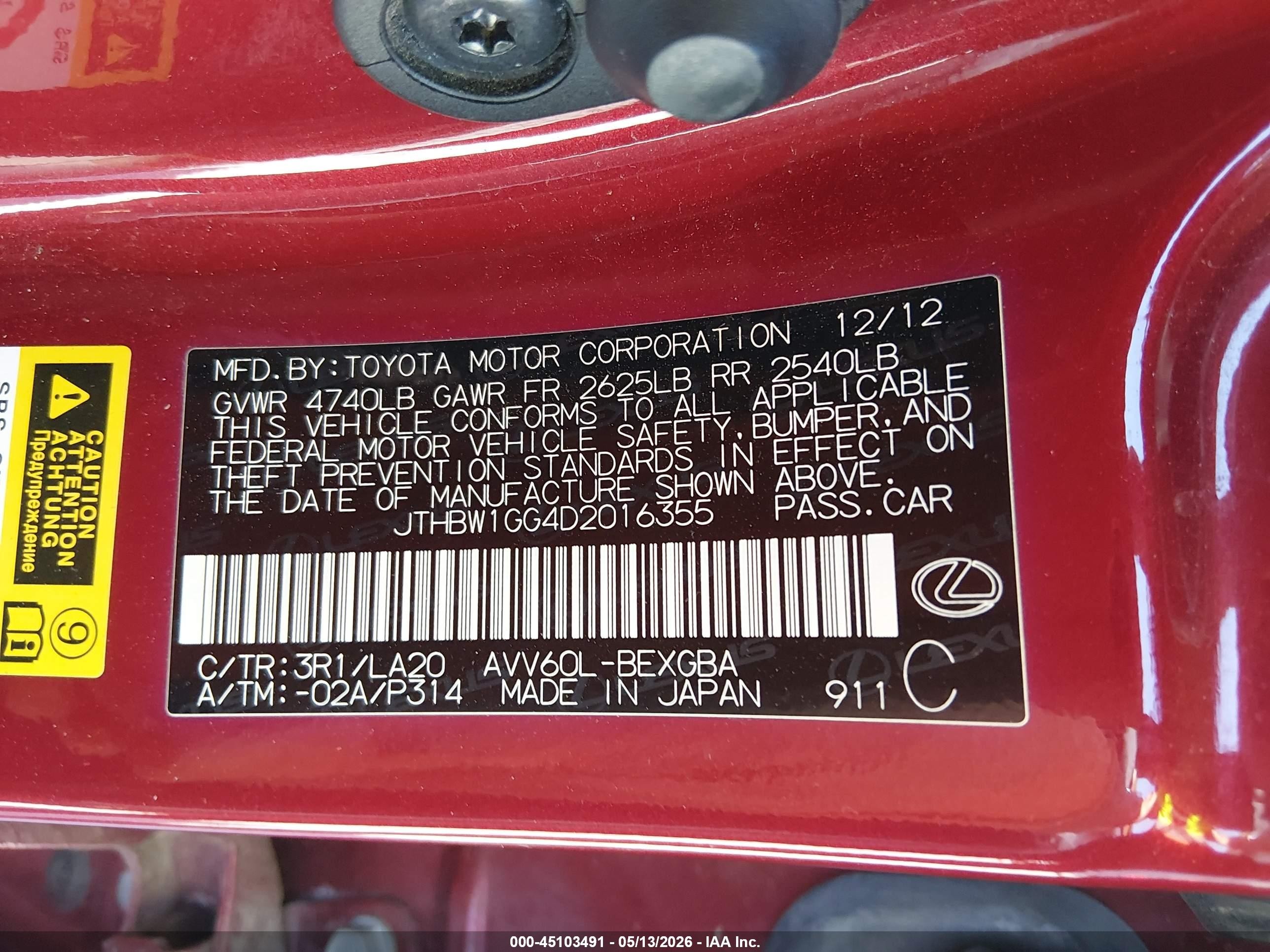 2013 Lexus Es 300h   Red vin: JTHBW1GG4D2016355