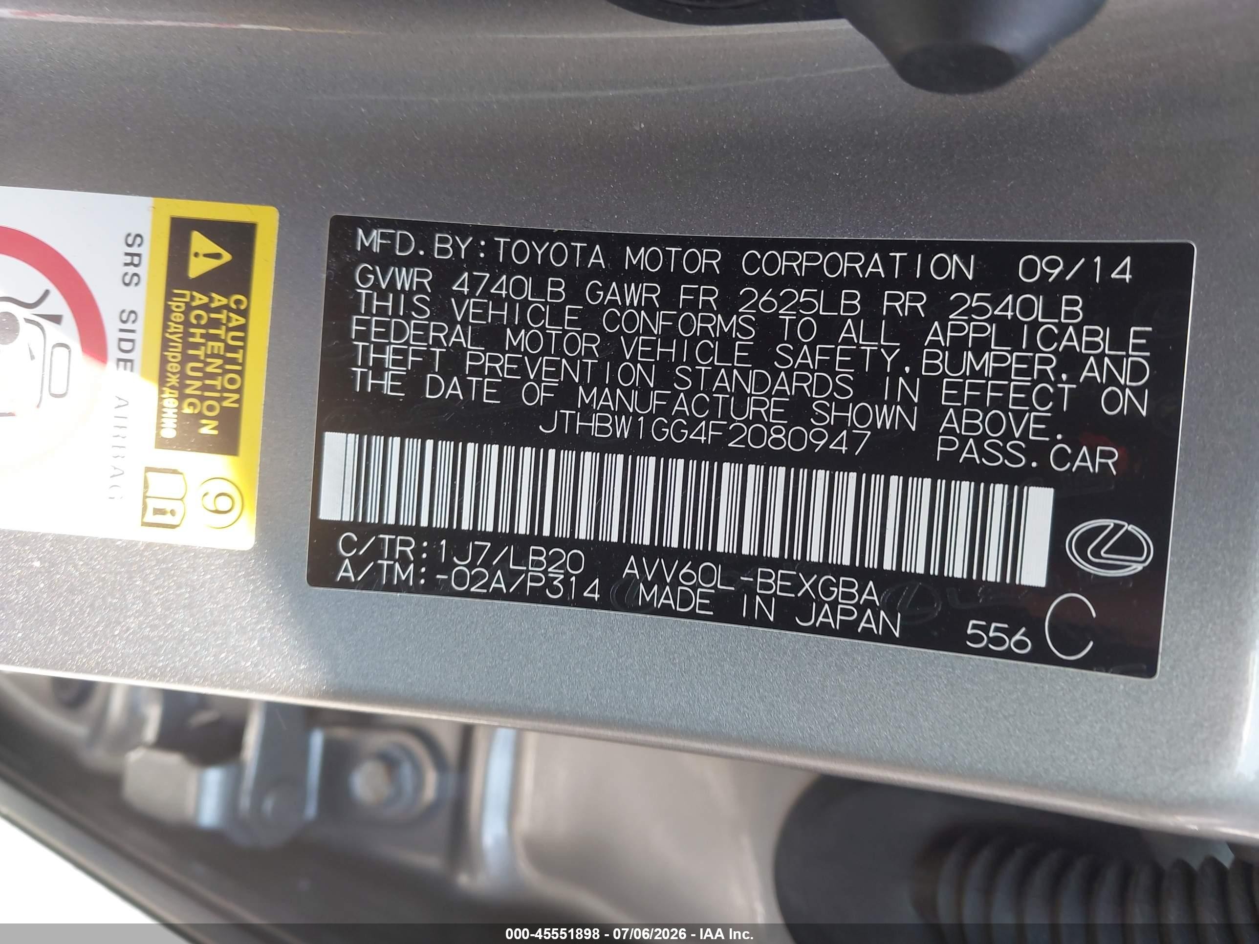 2015 Lexus Es 300h   Silver vin: JTHBW1GG4F2080947