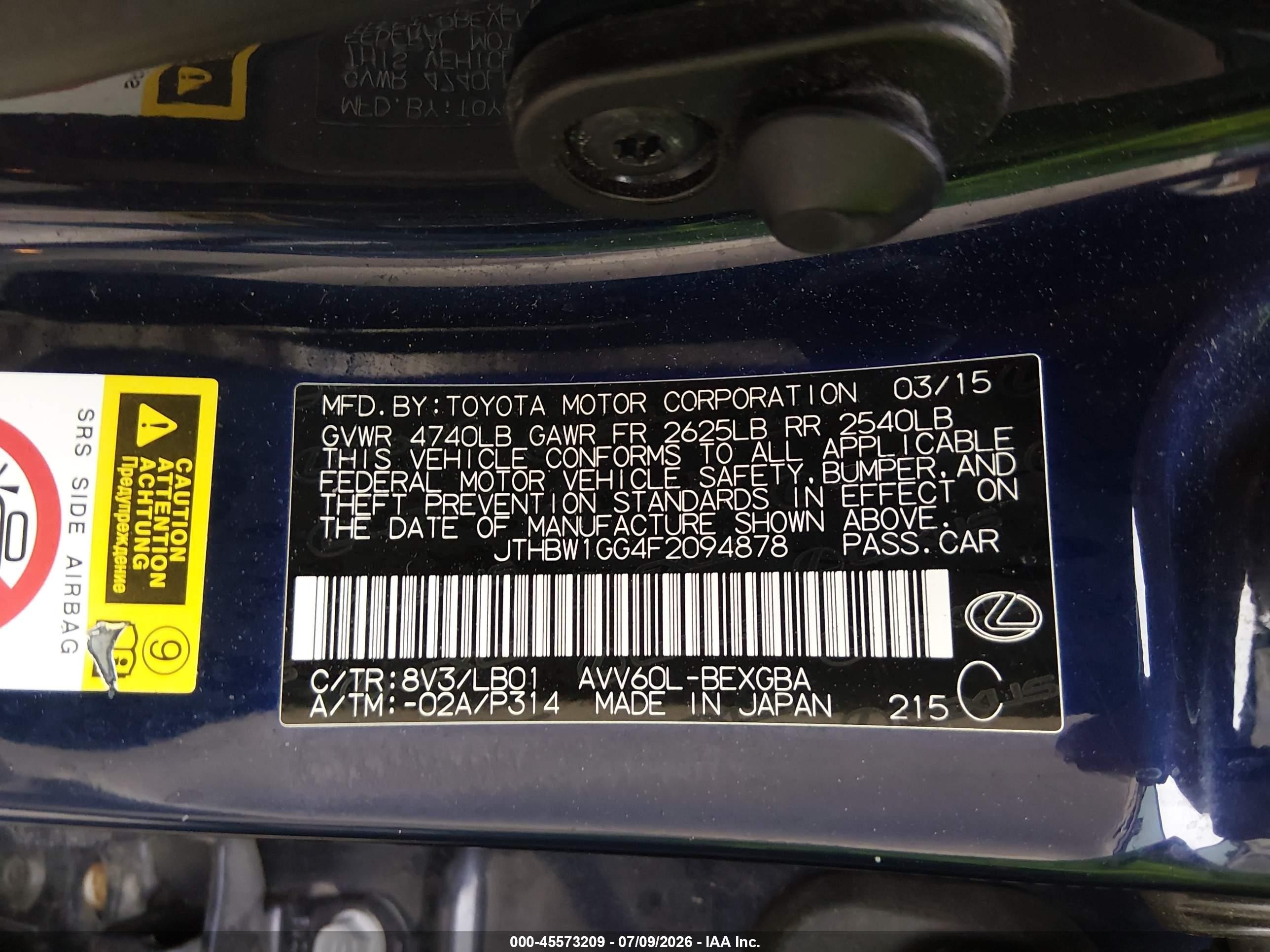 2015 Lexus Es 300h   Blue vin: JTHBW1GG4F2094878