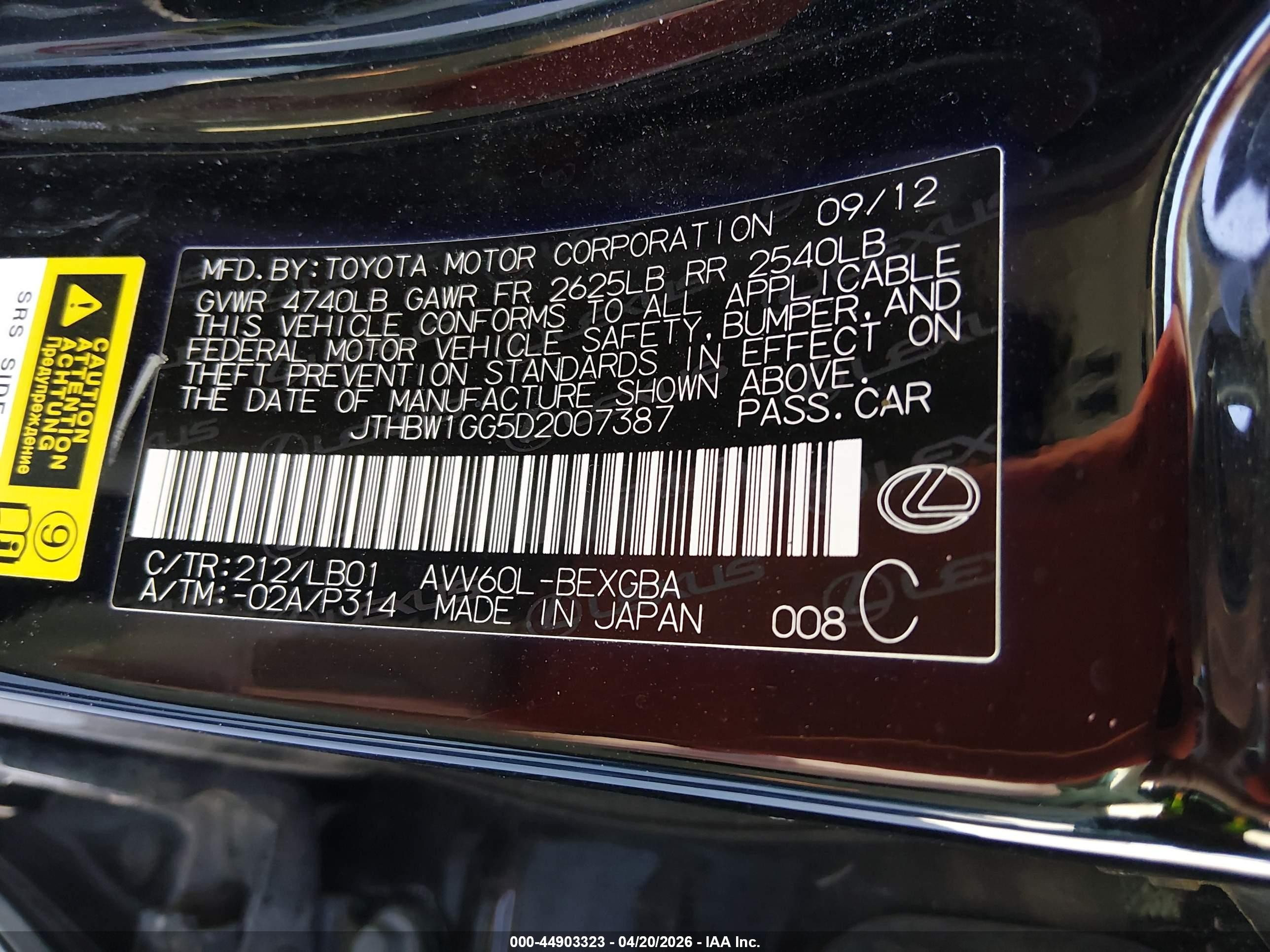 2013 Lexus Es 300h Black vin: JTHBW1GG5D2007387