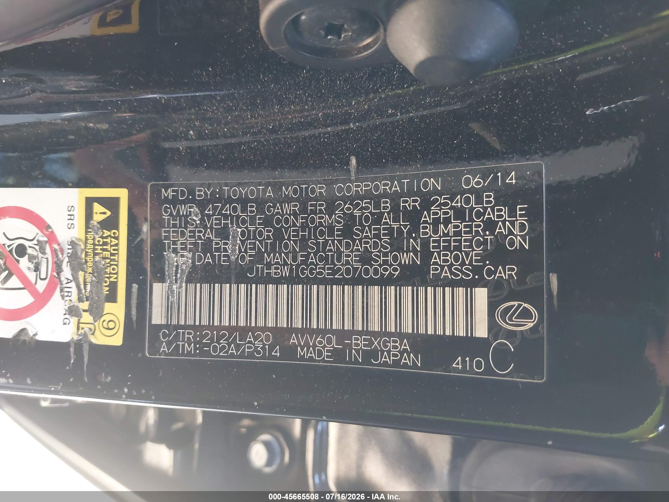 2014 Lexus Es 300h   Black vin: JTHBW1GG5E2070099