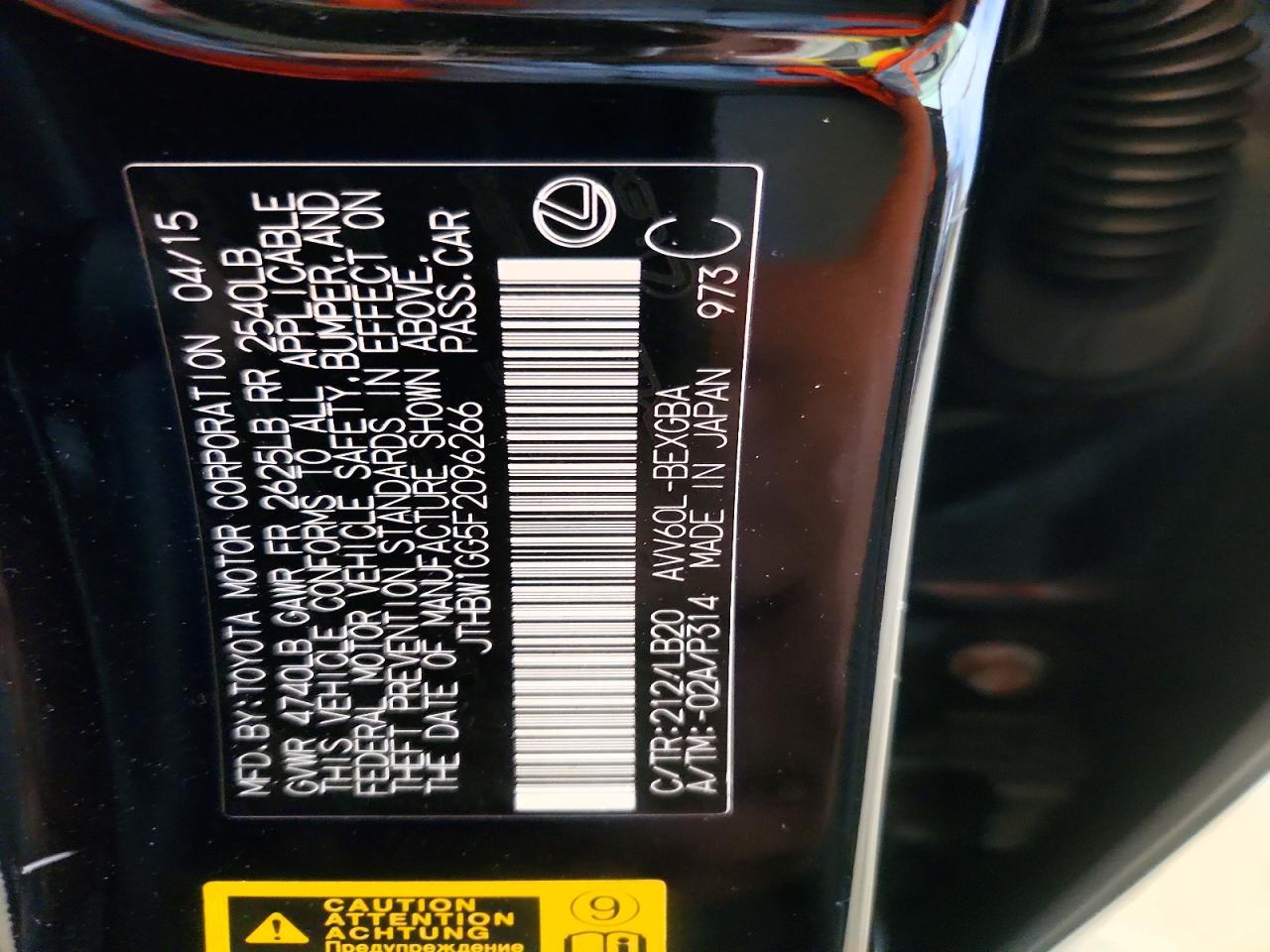 2015 Lexus Es 300h Black vin: JTHBW1GG5F2096266