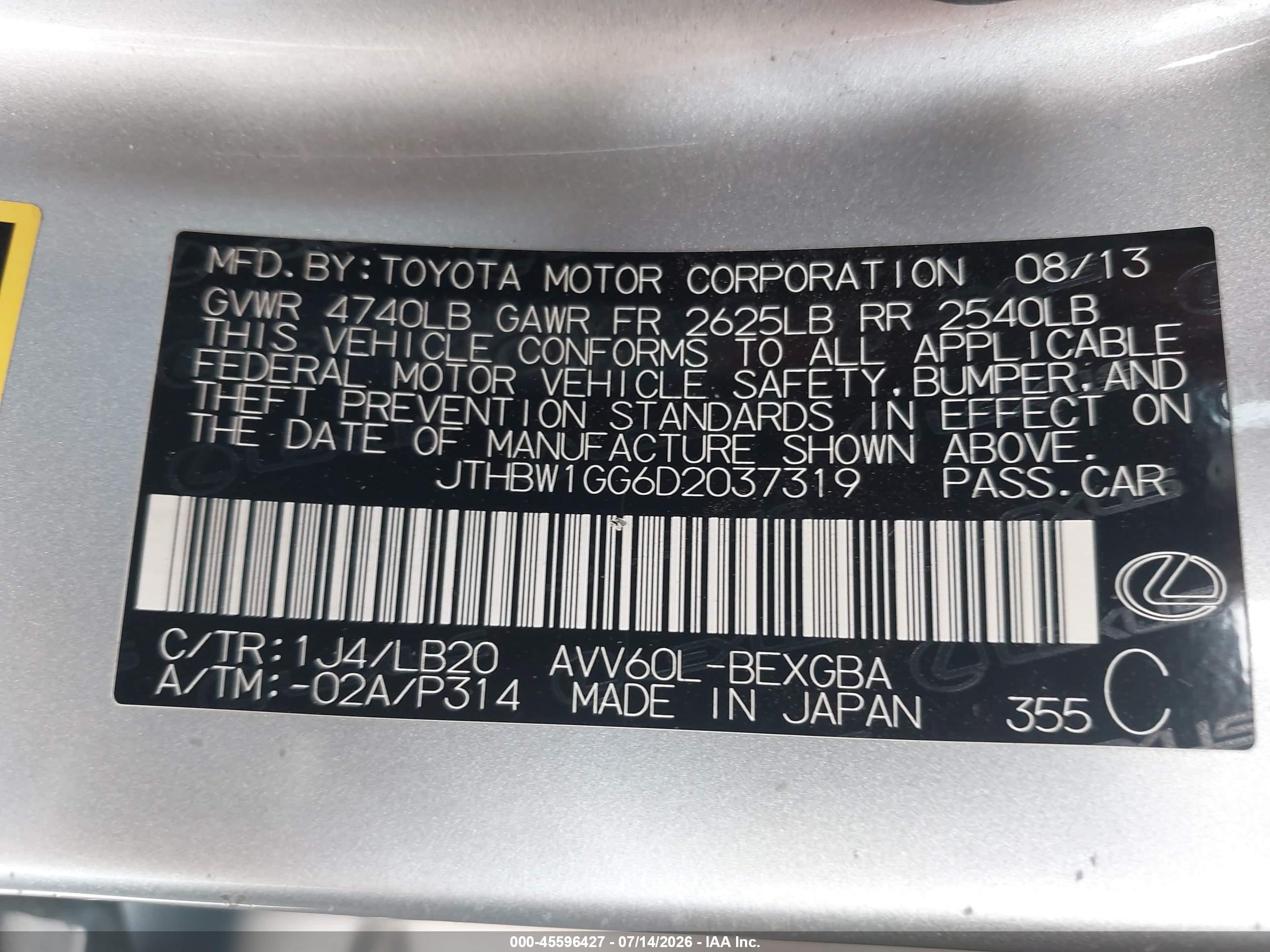 2013 Lexus Es 300h   Silver vin: JTHBW1GG6D2037319