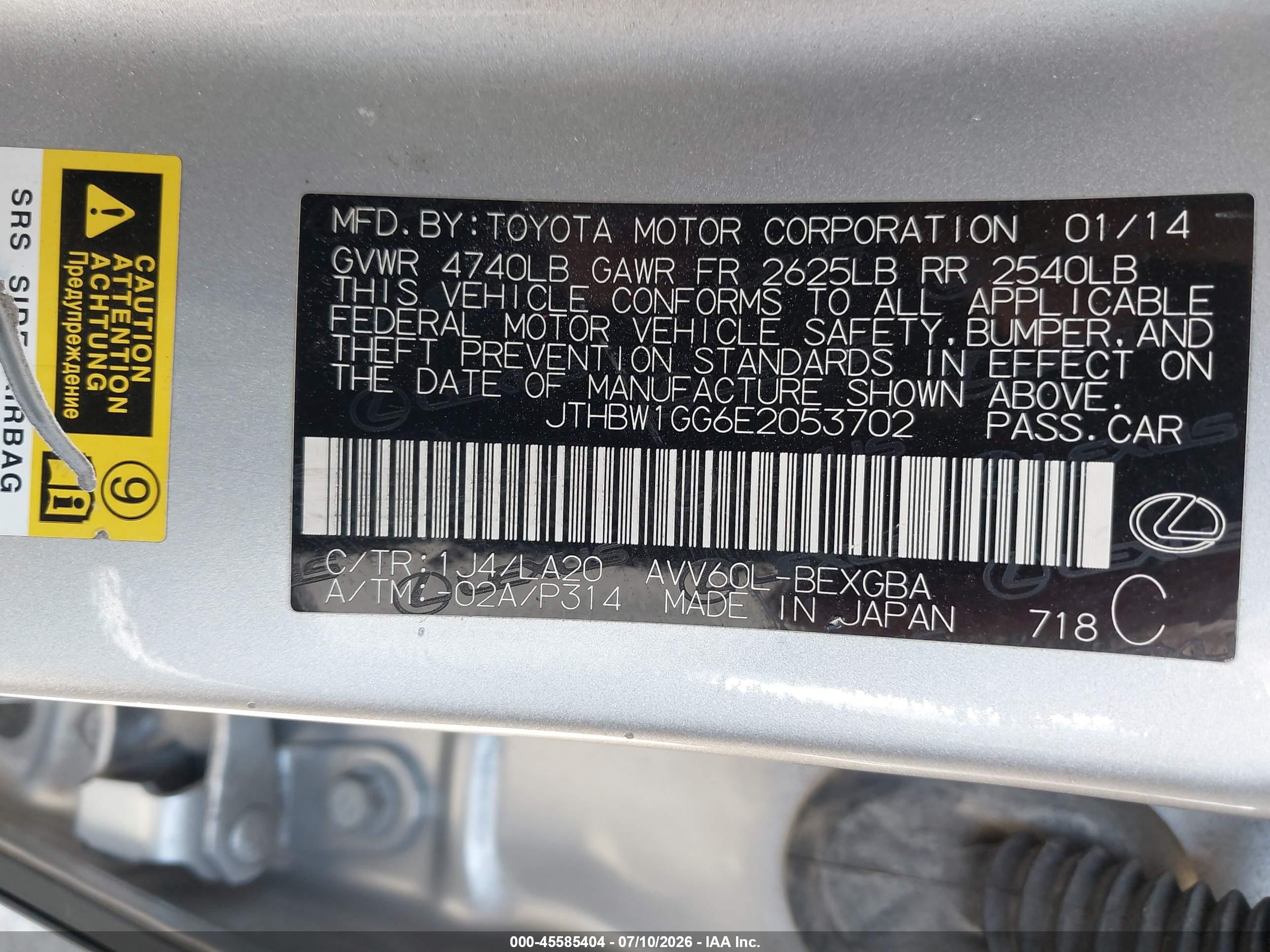 2014 Lexus Es 300h   Silver vin: JTHBW1GG6E2053702