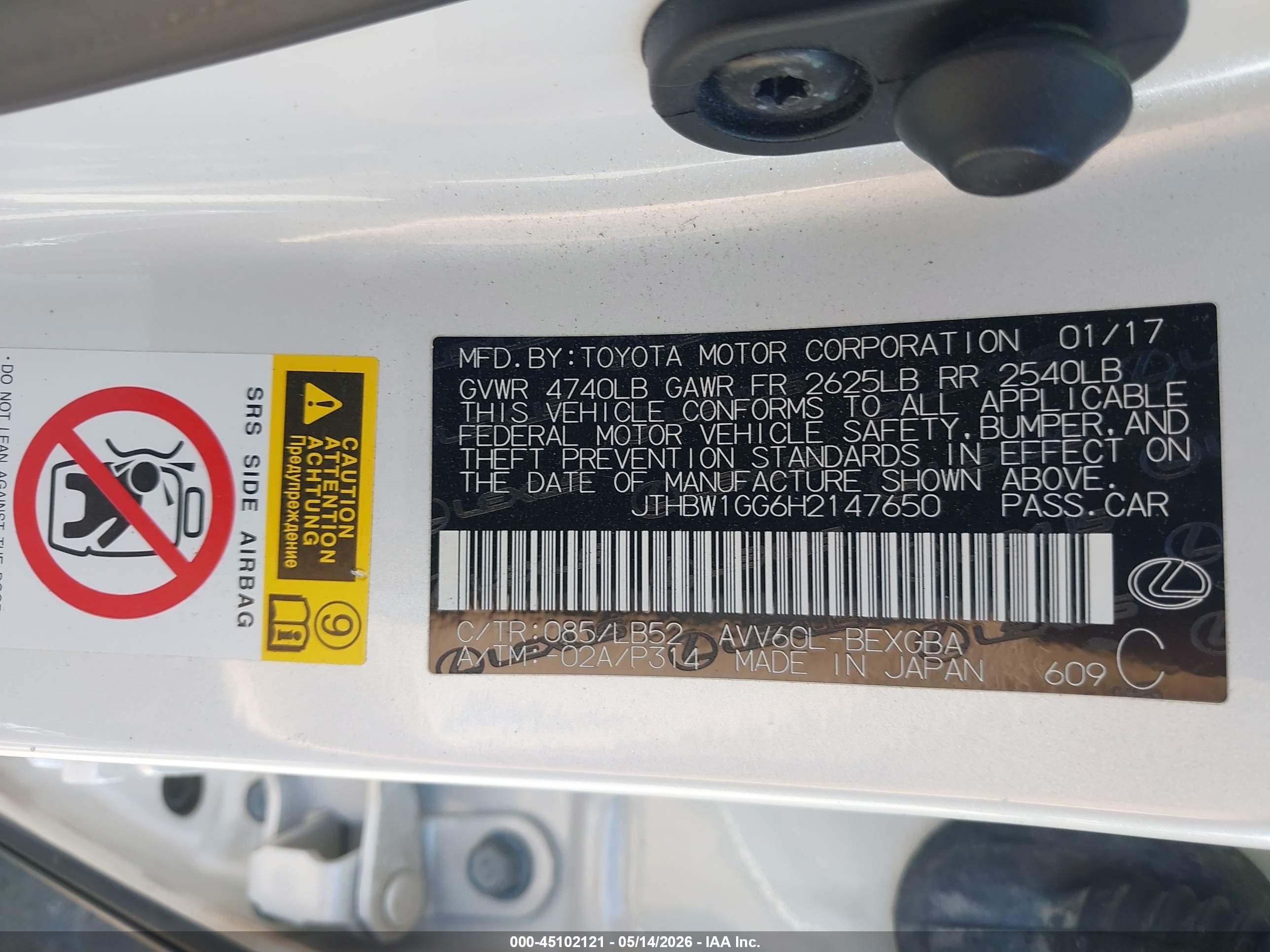 2017 Lexus Es 300h   White vin: JTHBW1GG6H2147650