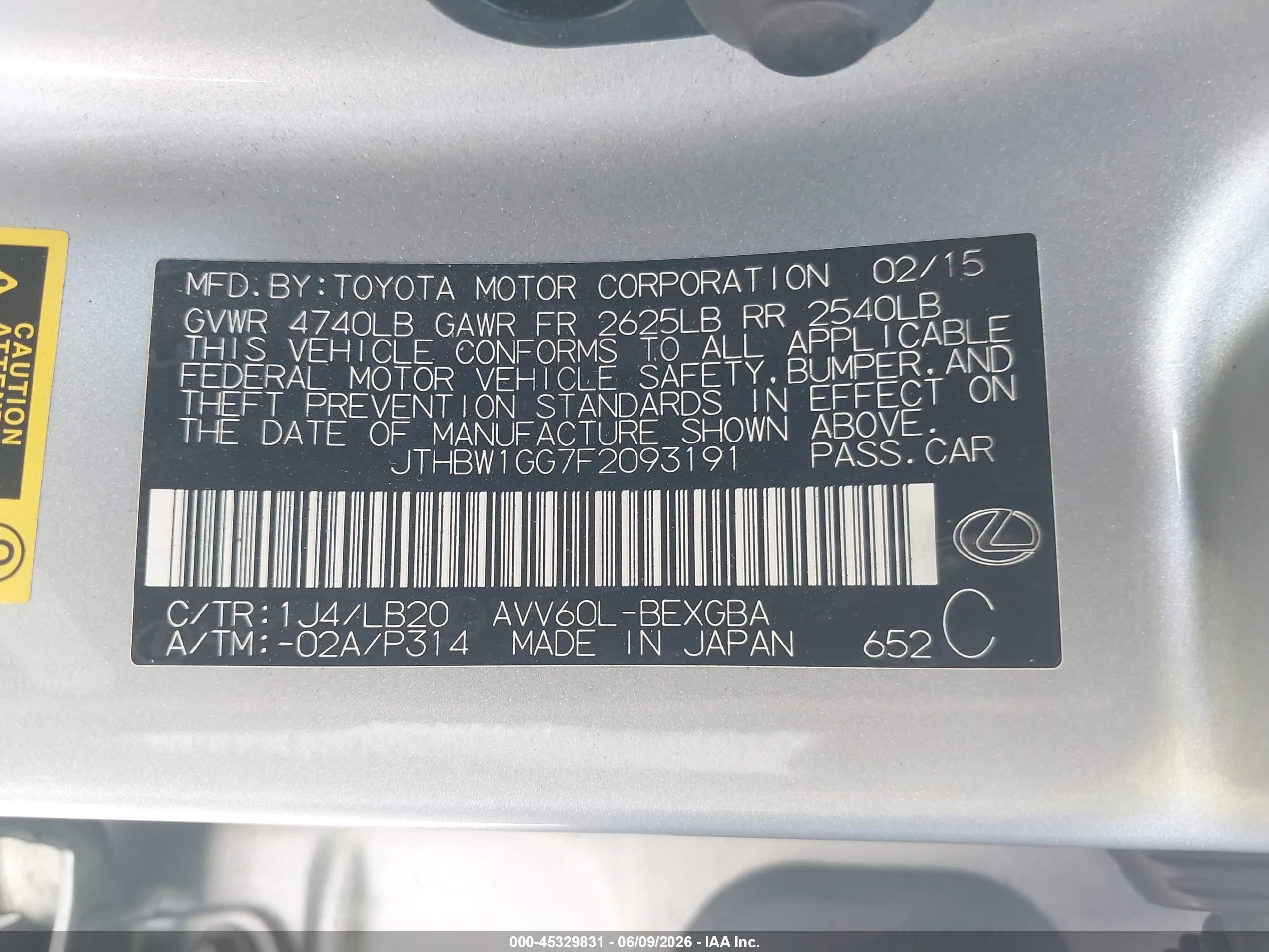 2015 Lexus Es 300h   Silver vin: JTHBW1GG7F2093191