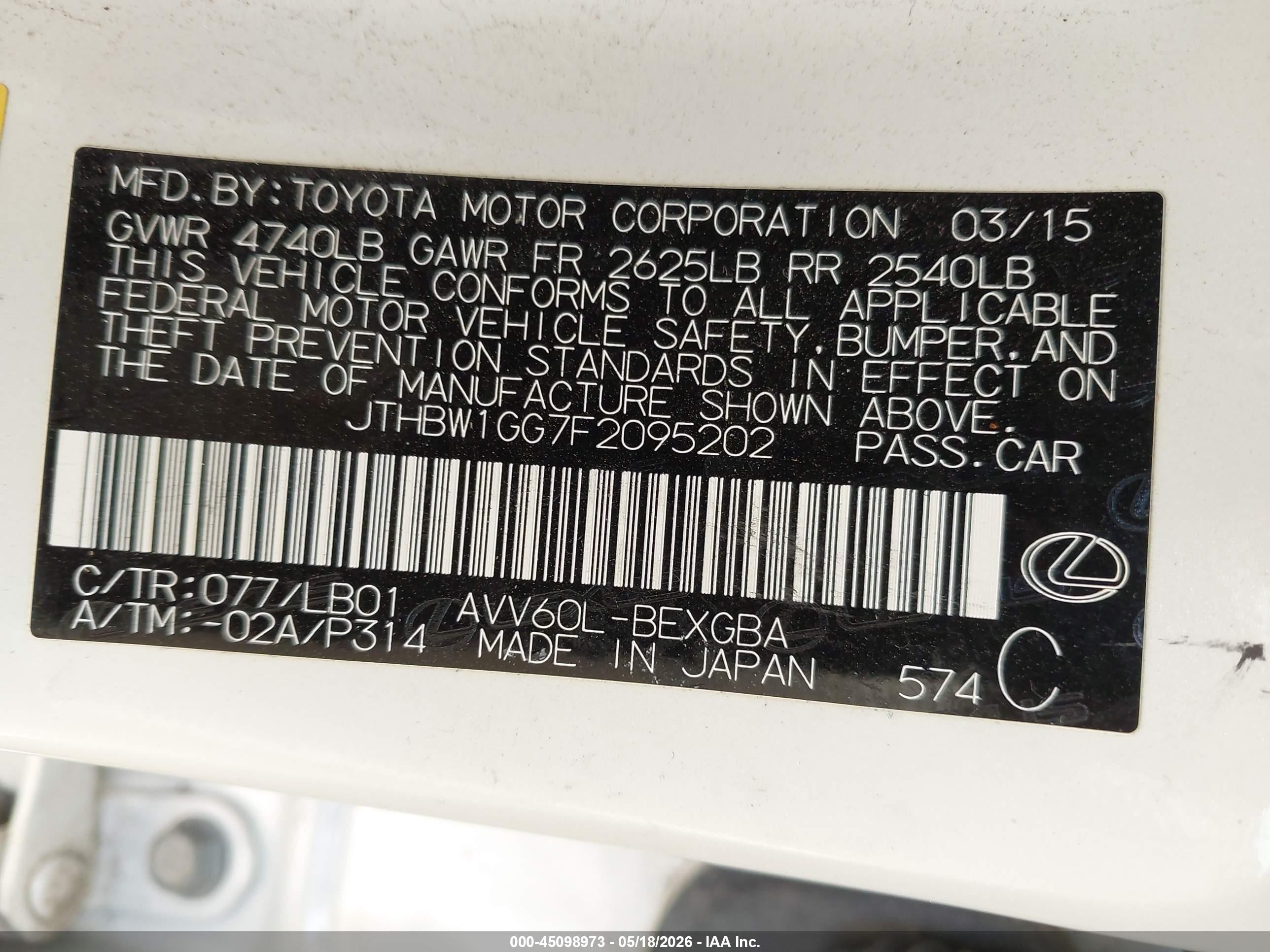 2015 Lexus Es 300h White vin: JTHBW1GG7F2095202