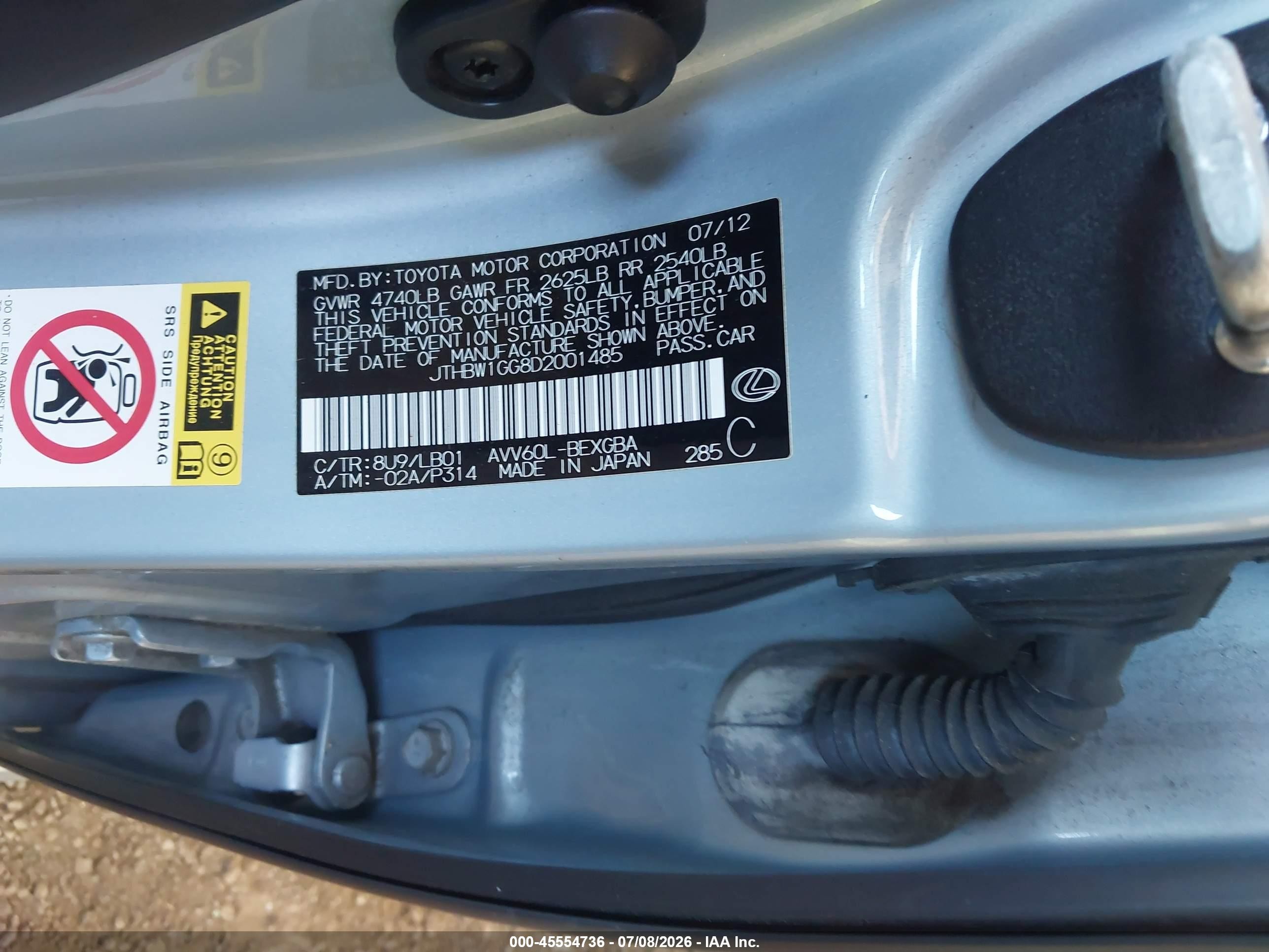 2013 Lexus Es 300h   Blue vin: JTHBW1GG8D2001485