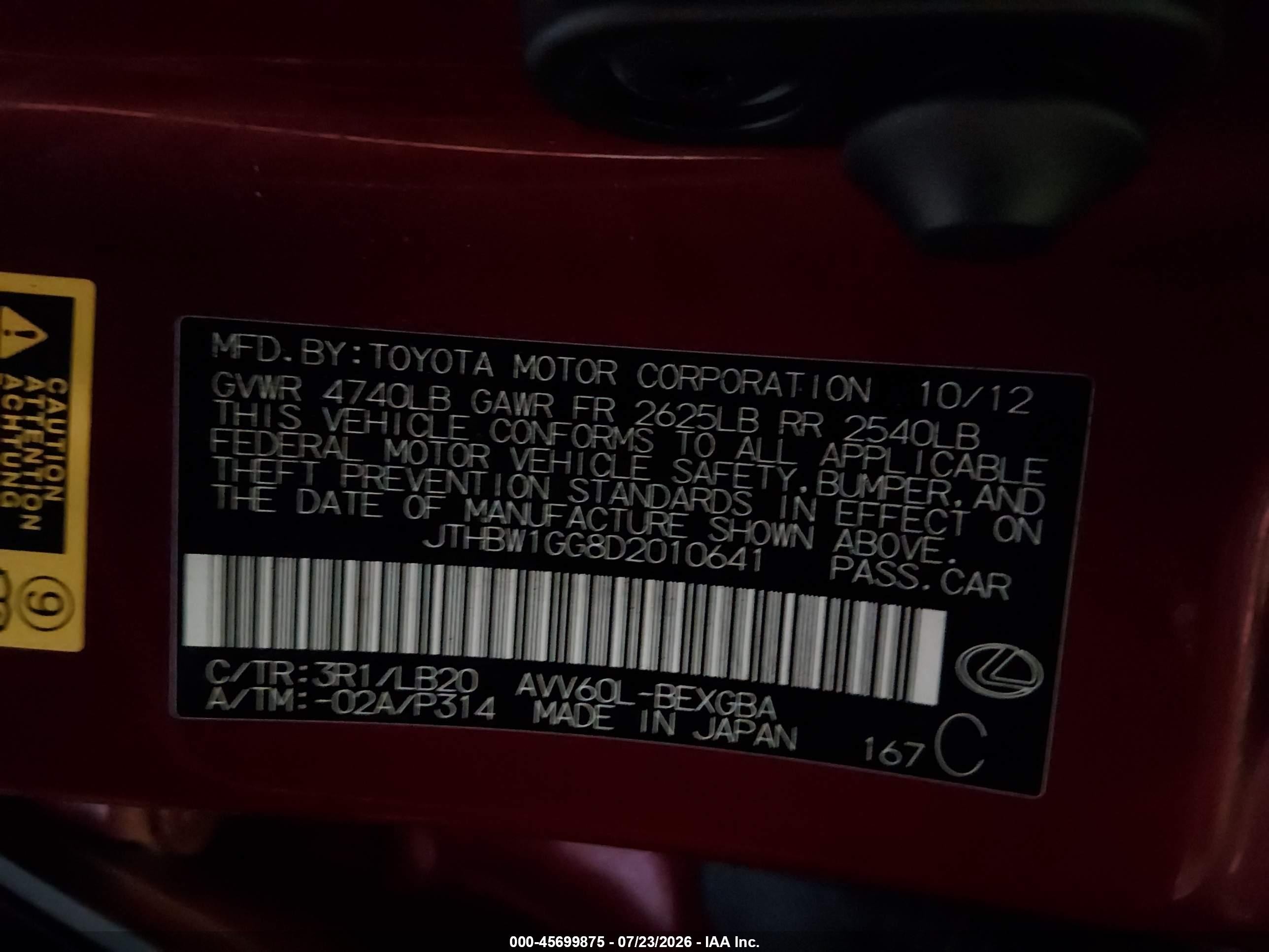 2013 Lexus Es 300h Red vin: JTHBW1GG8D2010641