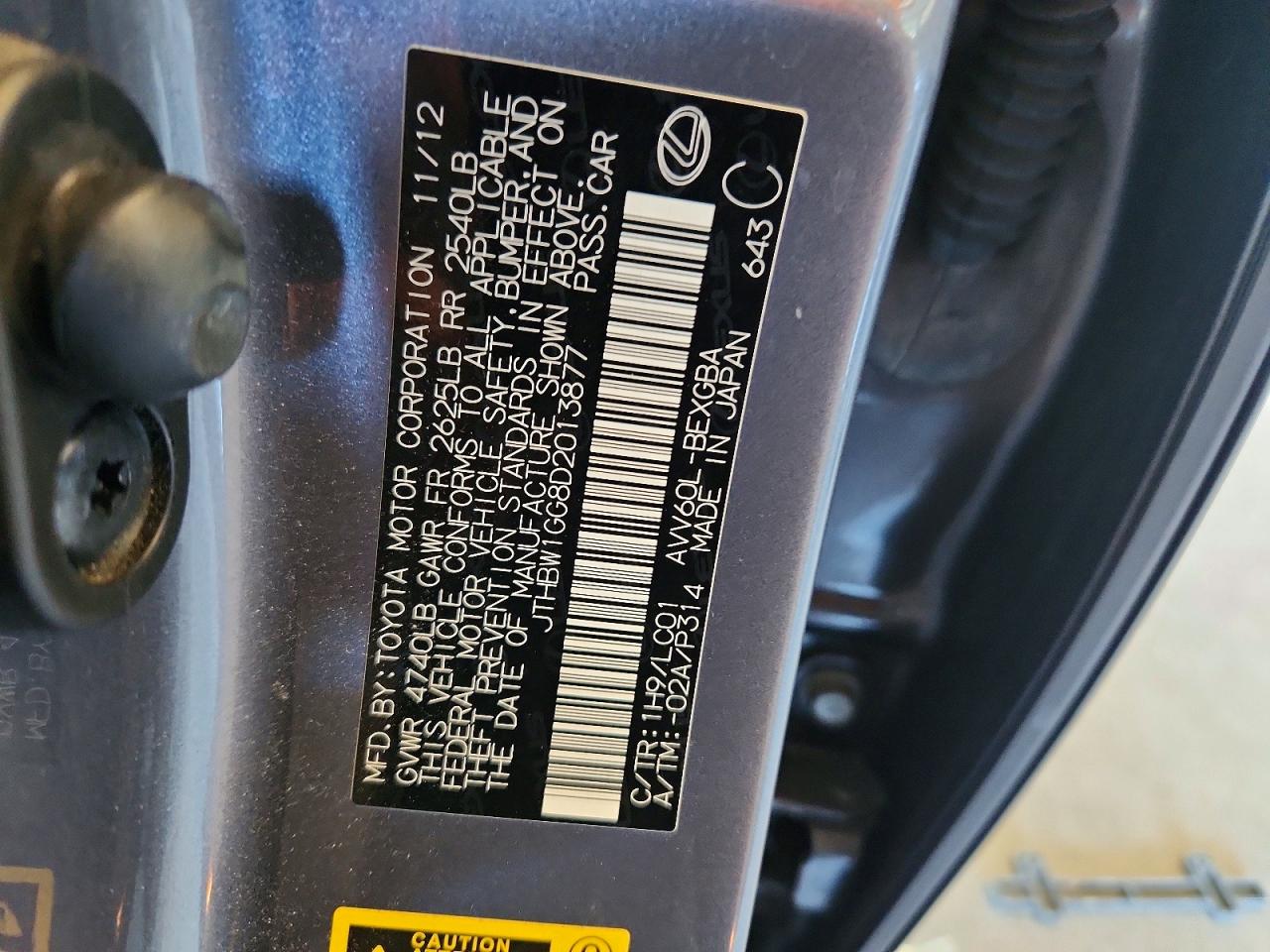 2013 Lexus Es 300h Gray vin: JTHBW1GG8D2013877