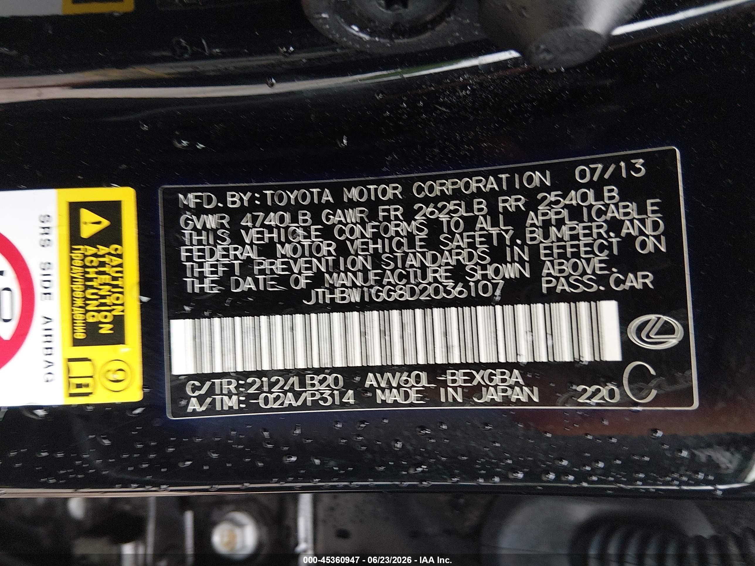 2013 Lexus Es 300h   Black vin: JTHBW1GG8D2036107
