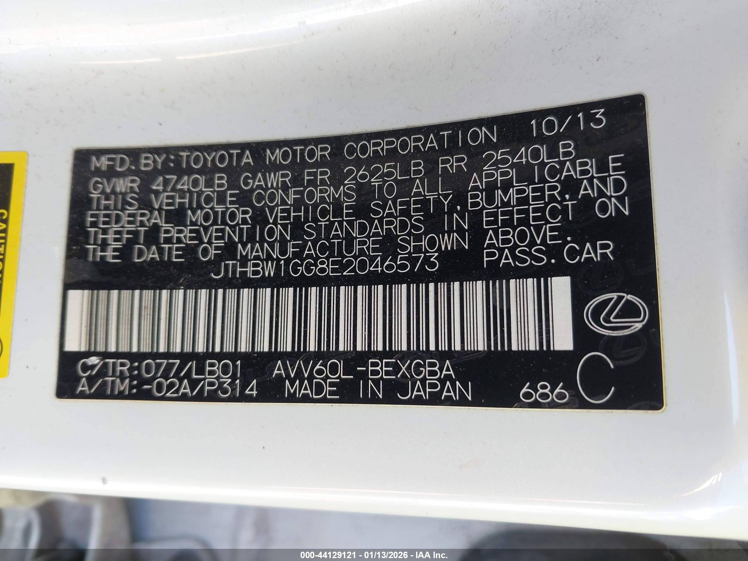 2014 Lexus Es 300h   White vin: JTHBW1GG8E2046573