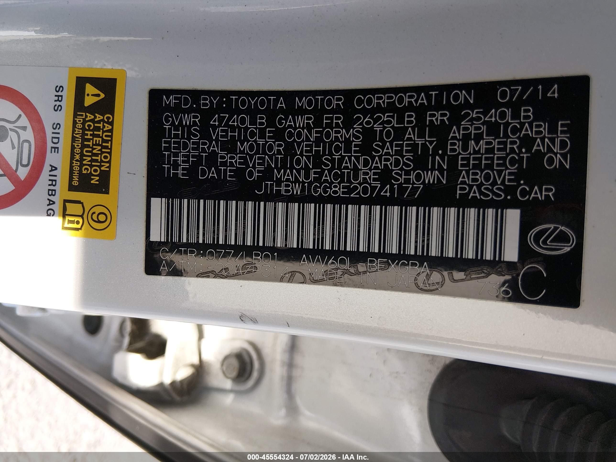 2014 Lexus Es 300h   White vin: JTHBW1GG8E2074177