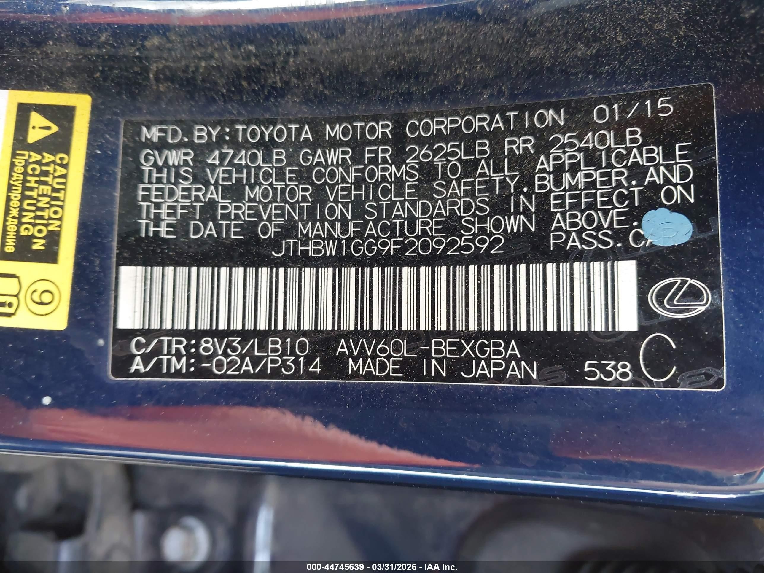 2015 Lexus Es 300h   Blue vin: JTHBW1GG9F2092592