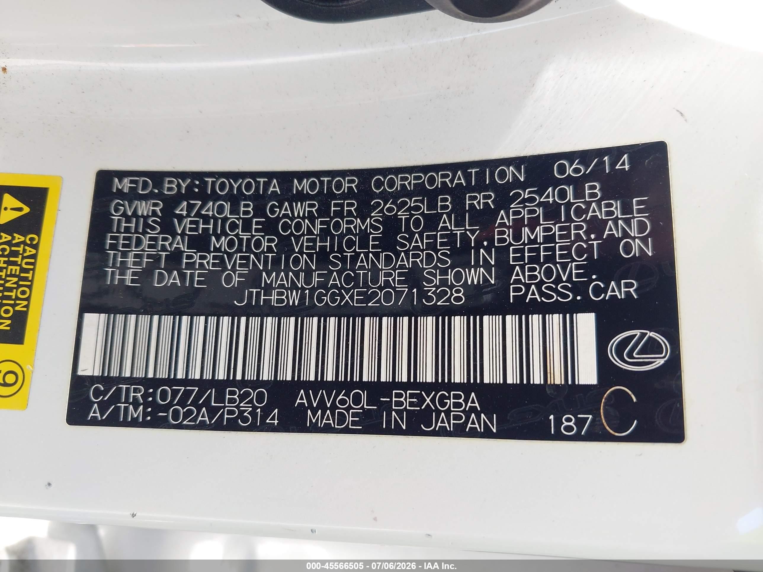 2014 Lexus Es 300h   White vin: JTHBW1GGXE2071328