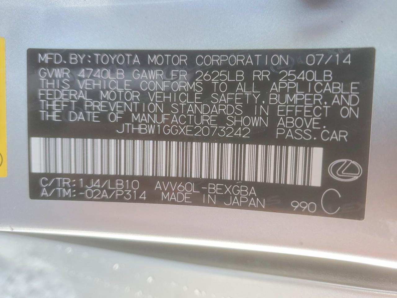 2014 Lexus Es 300h Silver vin: JTHBW1GGXE2073242