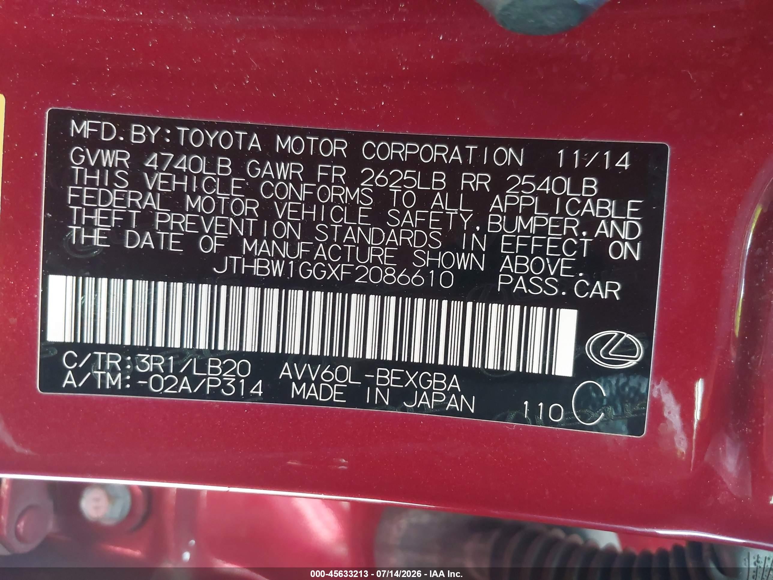 2015 Lexus Es 300h   Red vin: JTHBW1GGXF2086610