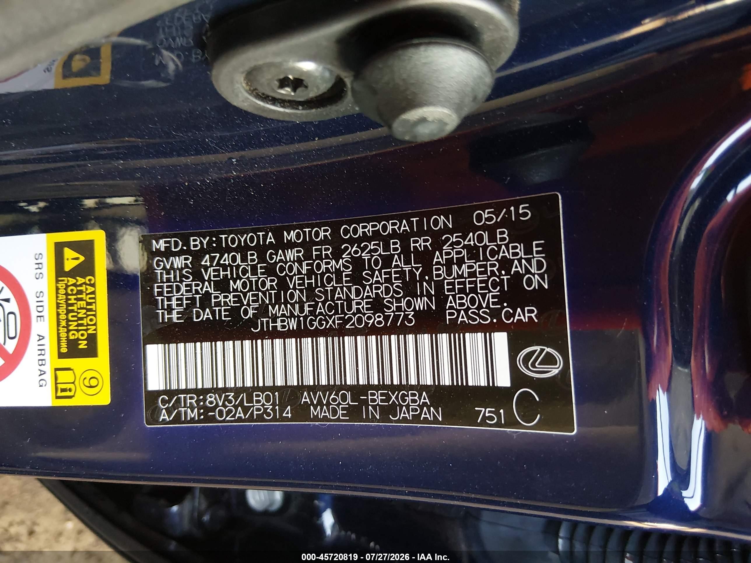 2015 Lexus Es 300h   Blue vin: JTHBW1GGXF2098773