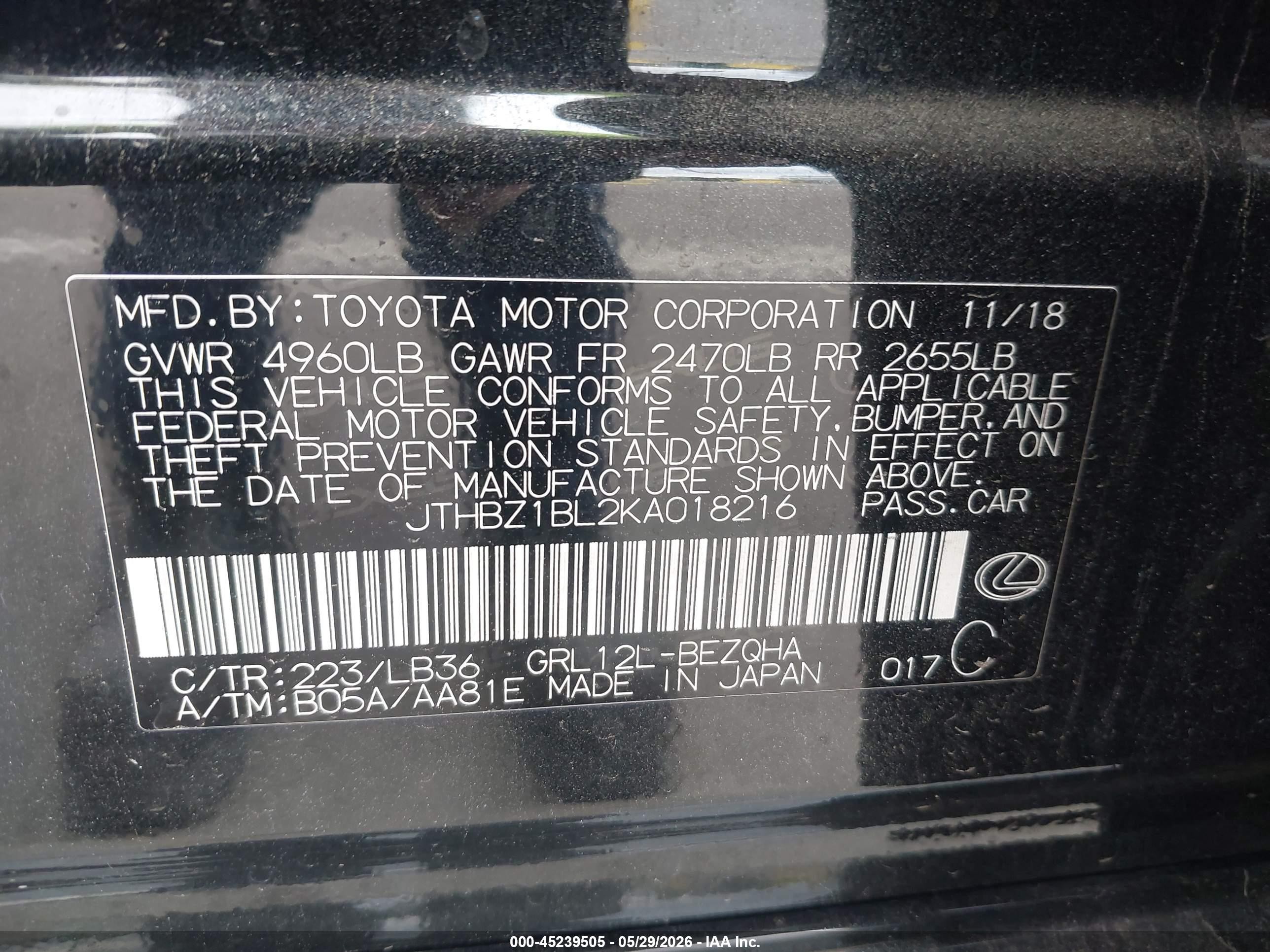 2019 Lexus Gs 350 F Sport Black vin: JTHBZ1BL2KA018216