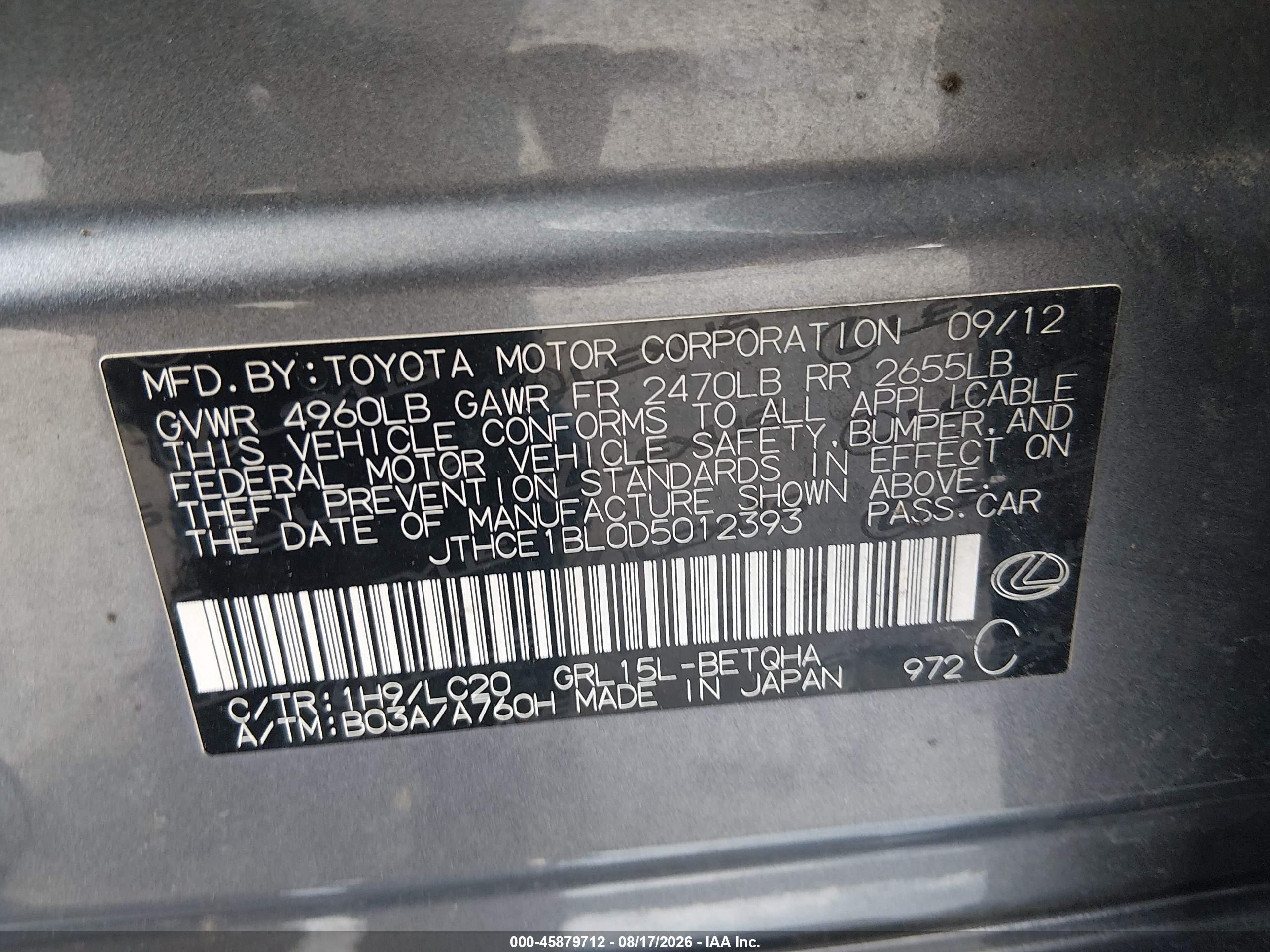 2013 Lexus Gs 350 Gray vin: JTHCE1BL0D5012393
