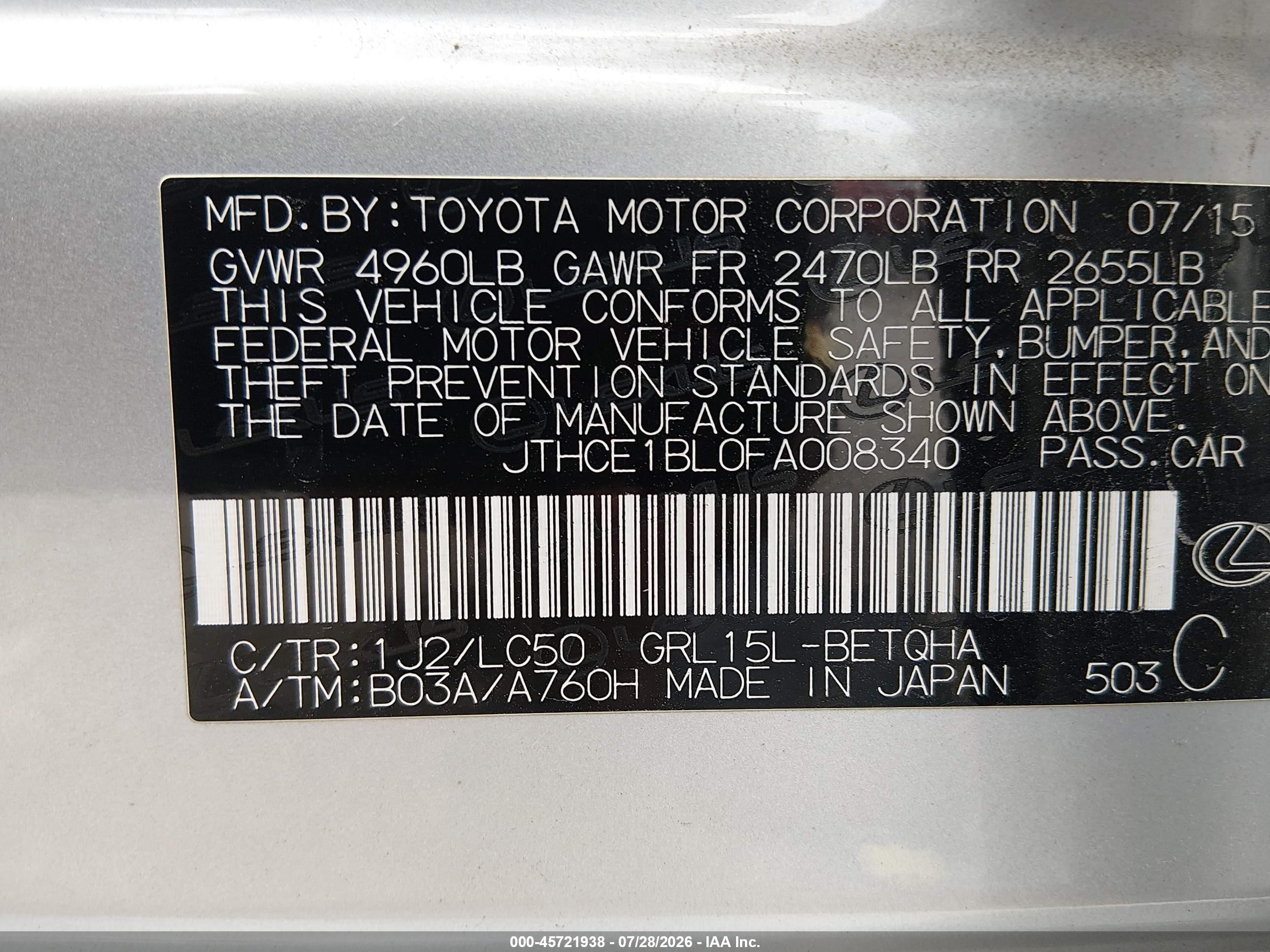 2015 Lexus Gs 350   Silver vin: JTHCE1BL0FA008340
