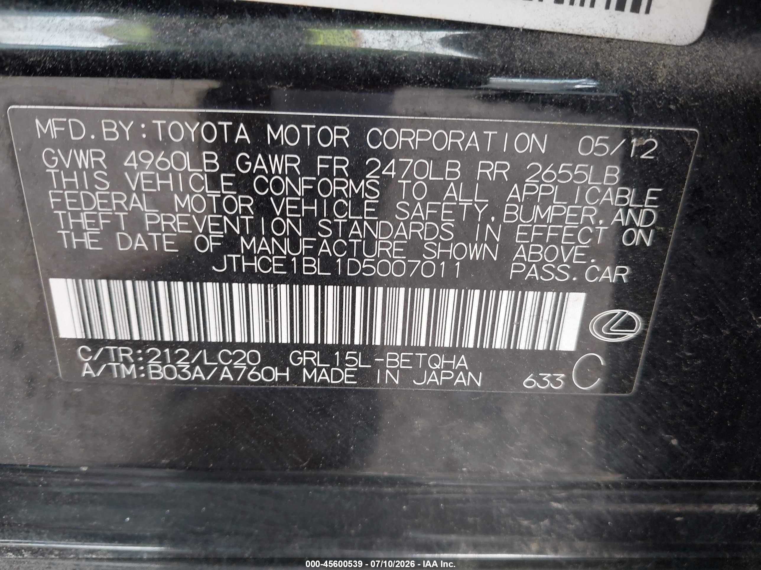 2013 Lexus Gs 350   Black vin: JTHCE1BL1D5007011