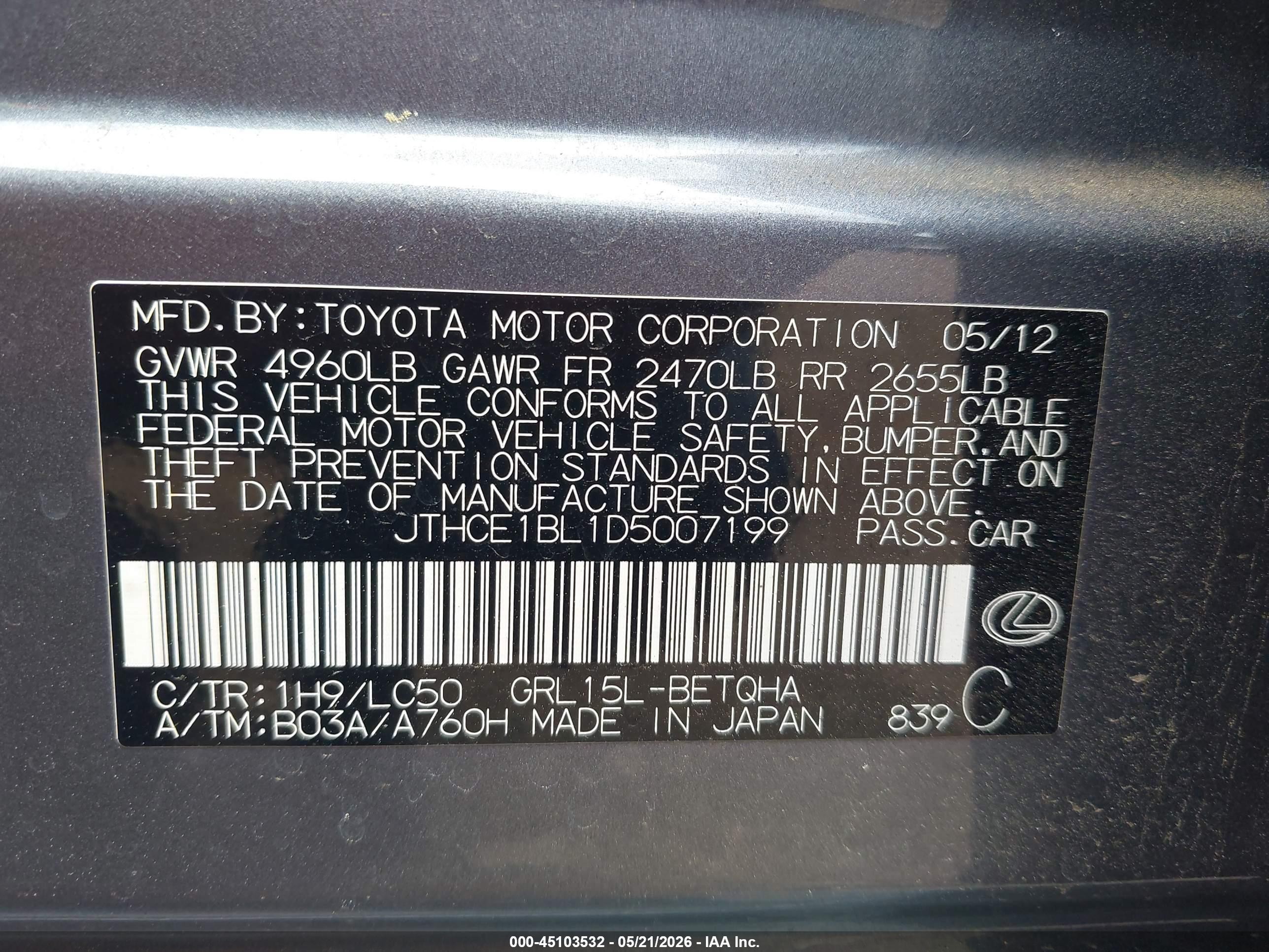 2013 Lexus Gs 350 Gray vin: JTHCE1BL1D5007199