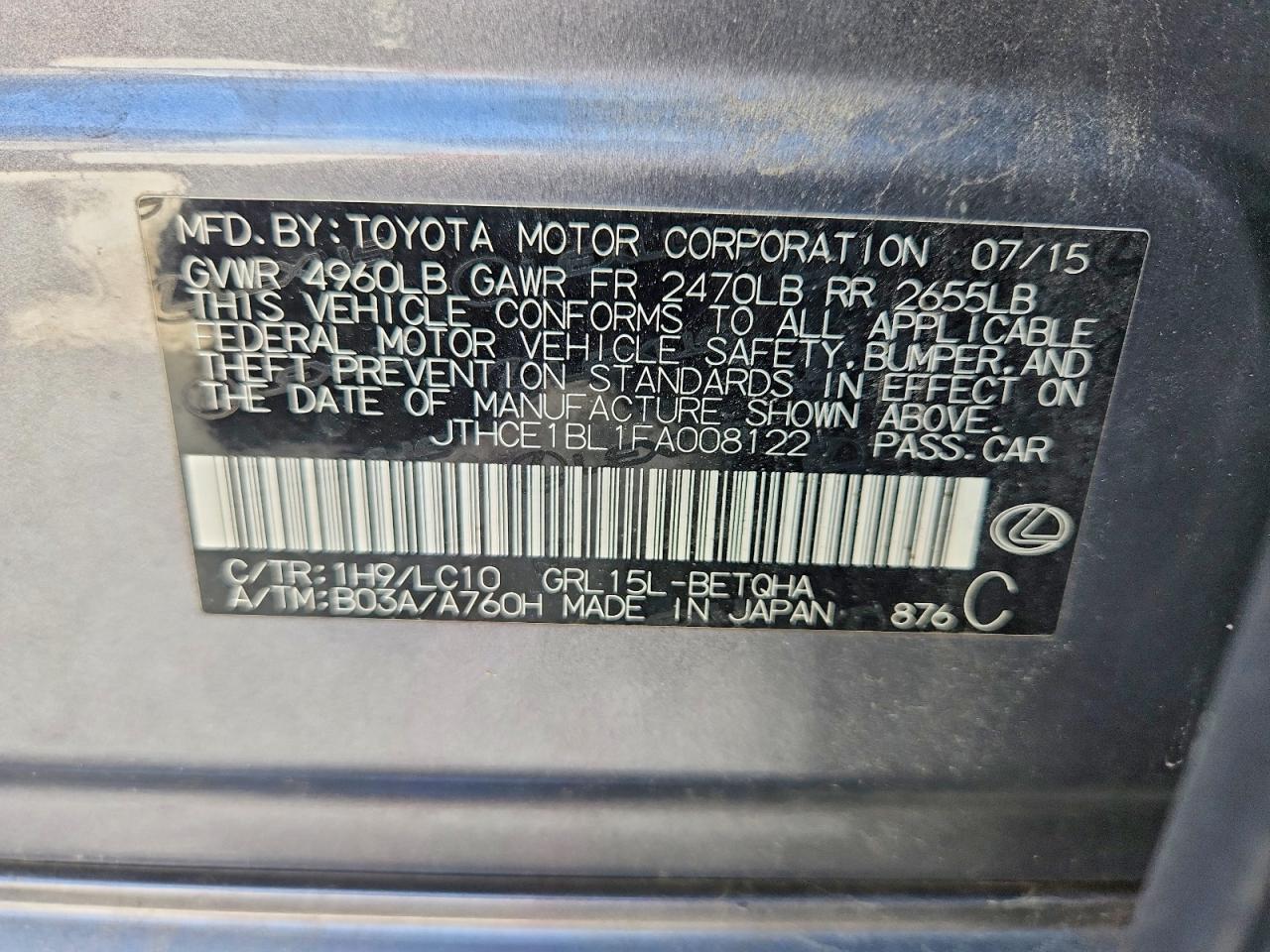 2015 Lexus Gs 350 Gray vin: JTHCE1BL1FA008122
