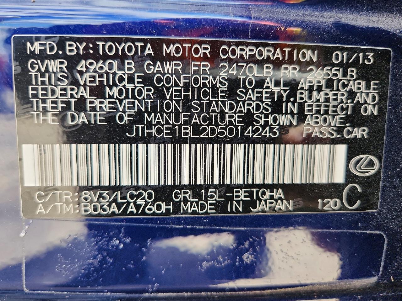 2013 Lexus Gs 350 Blue vin: JTHCE1BL2D5014243