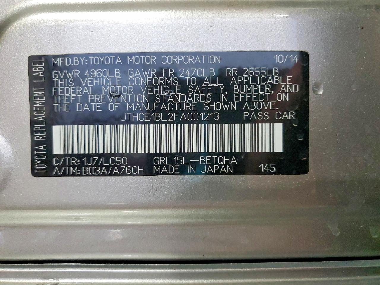 2015 Lexus Gs 350 Gray vin: JTHCE1BL2FA001213