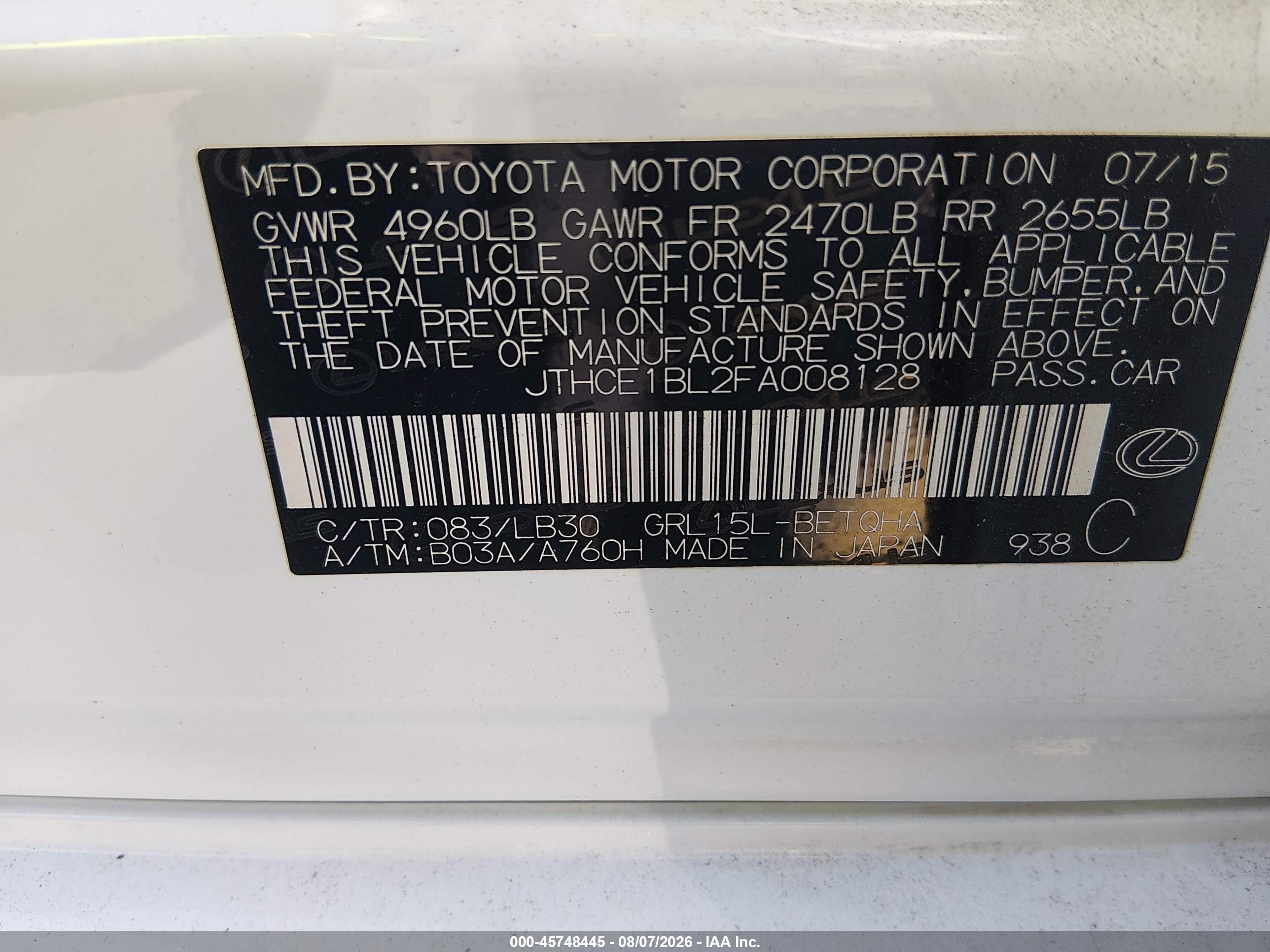 2015 Lexus Gs 350   White vin: JTHCE1BL2FA008128