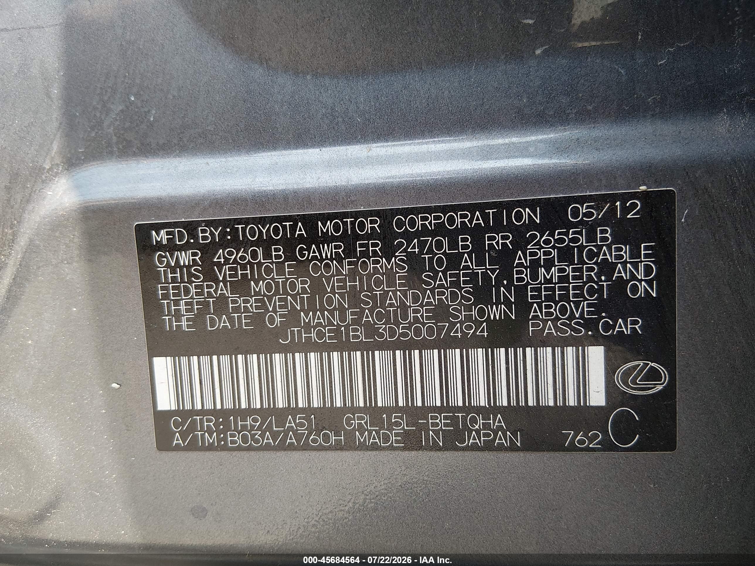 2013 Lexus Gs 350   Gray vin: JTHCE1BL3D5007494