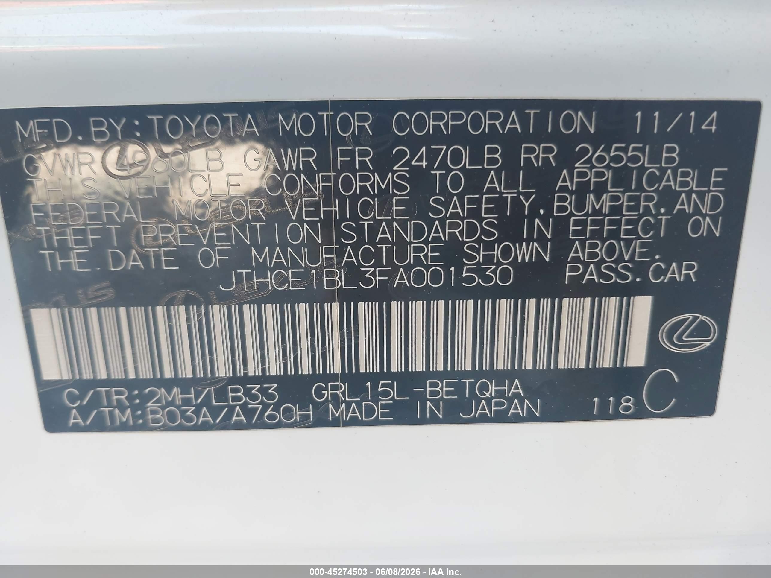 2015 Lexus Gs 350 Crafted Line White vin: JTHCE1BL3FA001530