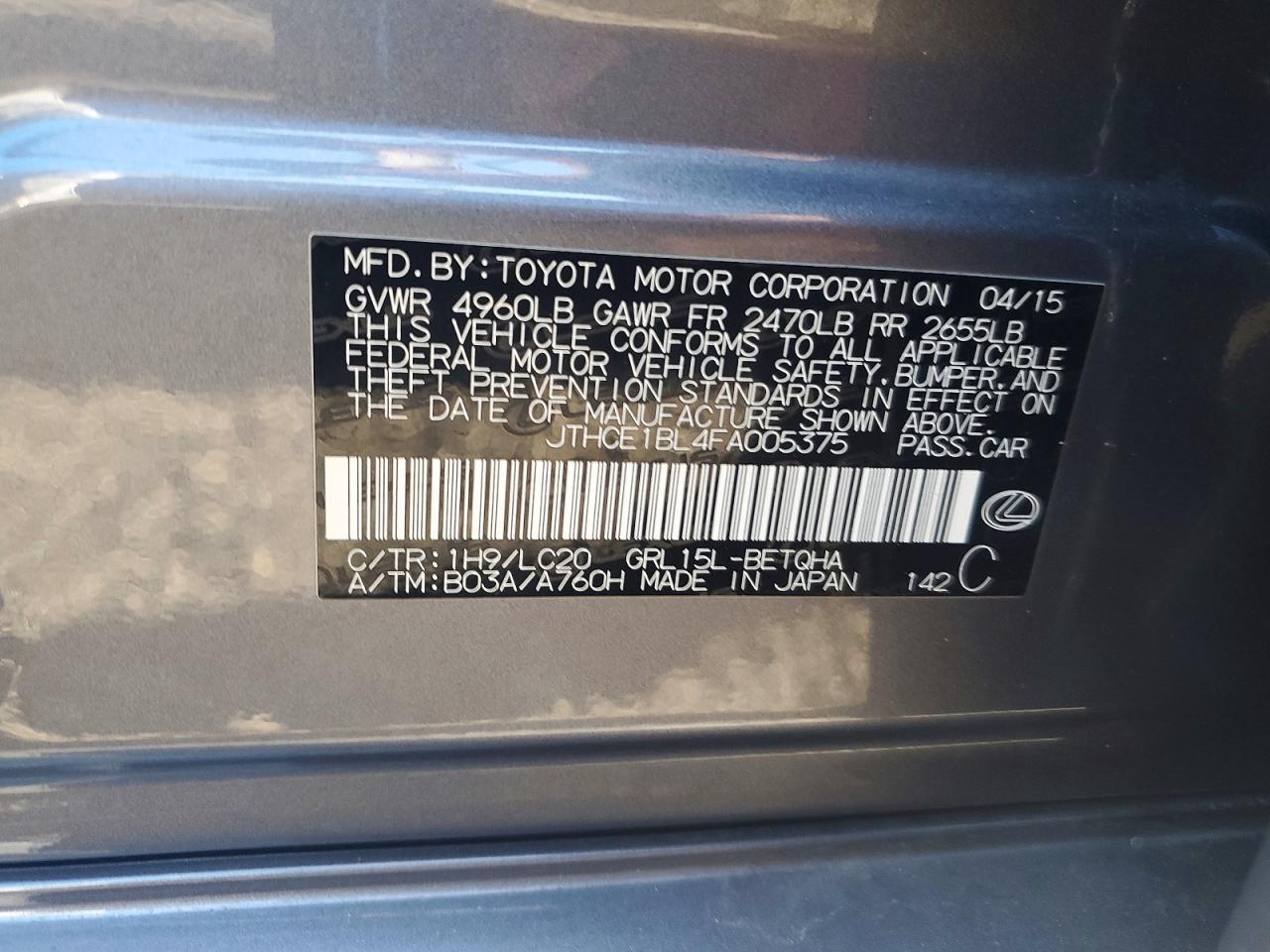 2015 Lexus Gs 350 Charcoal vin: JTHCE1BL4FA005375