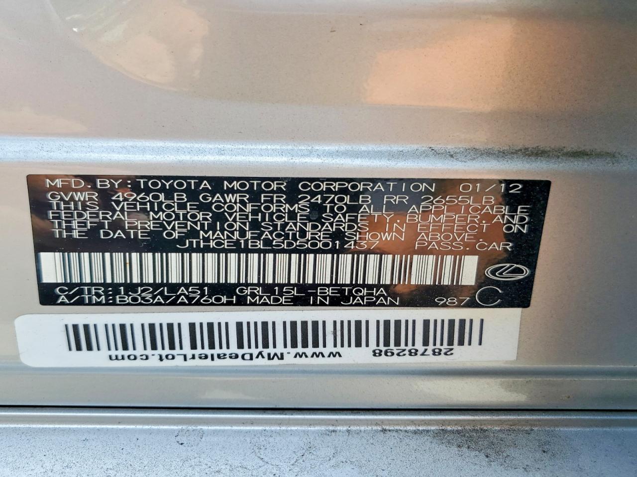 2013 Lexus Gs 350 Silver vin: JTHCE1BL5D5001437