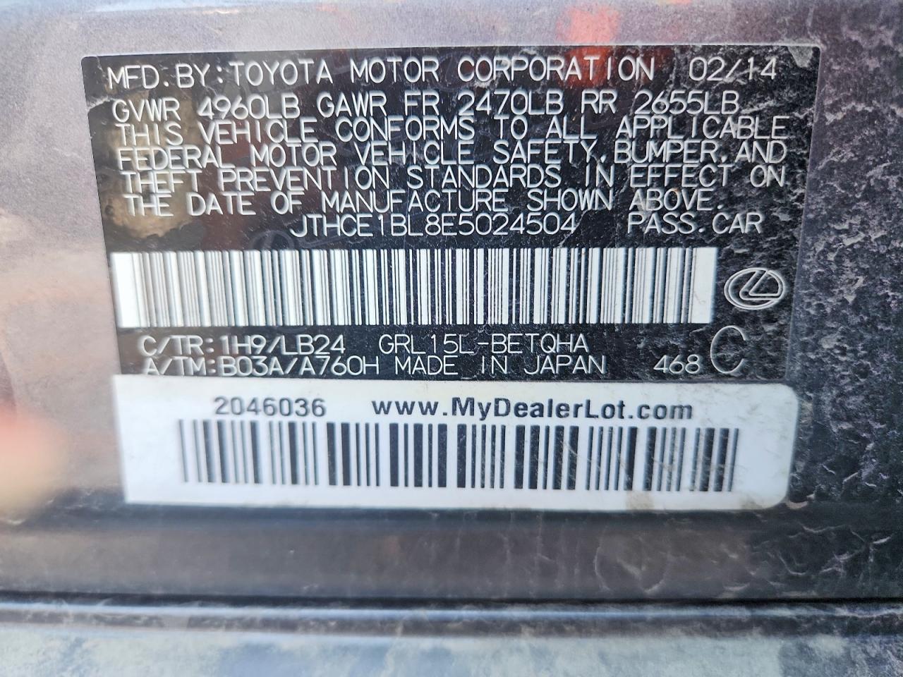 2014 Lexus Gs 350 Gray vin: JTHCE1BL8E5024504