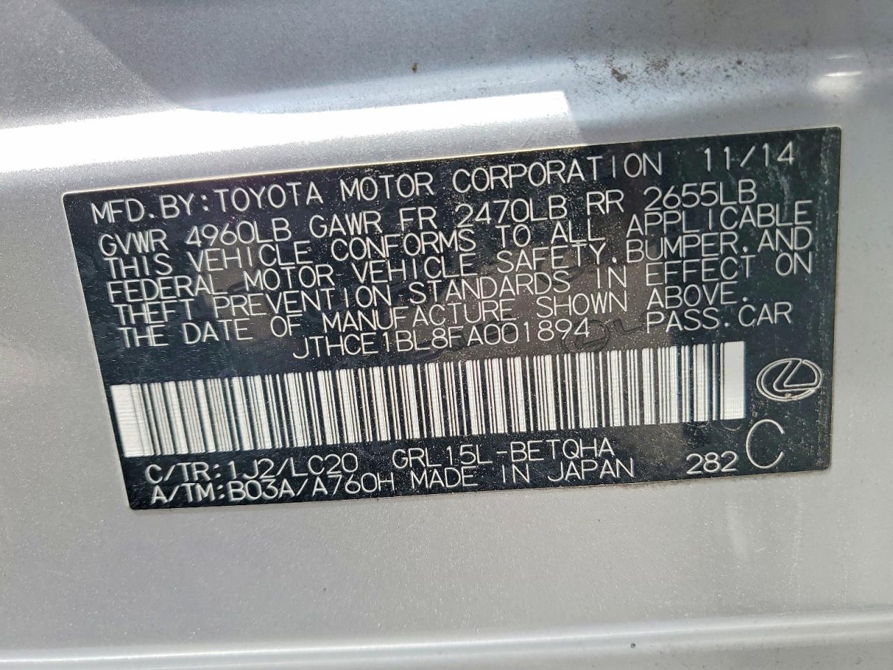 2015 Lexus Gs 350 Серый vin: JTHCE1BL8FA001894