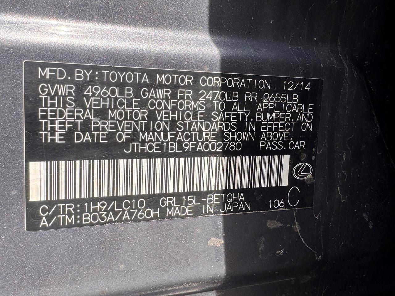 2015 Lexus Gs 350 Charcoal vin: JTHCE1BL9FA002780