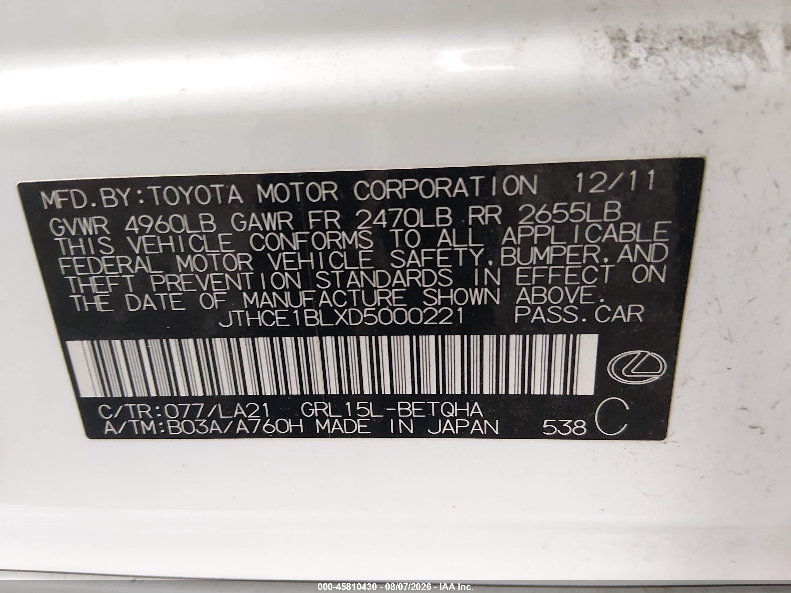 2013 Lexus Gs 350   White vin: JTHCE1BLXD5000221