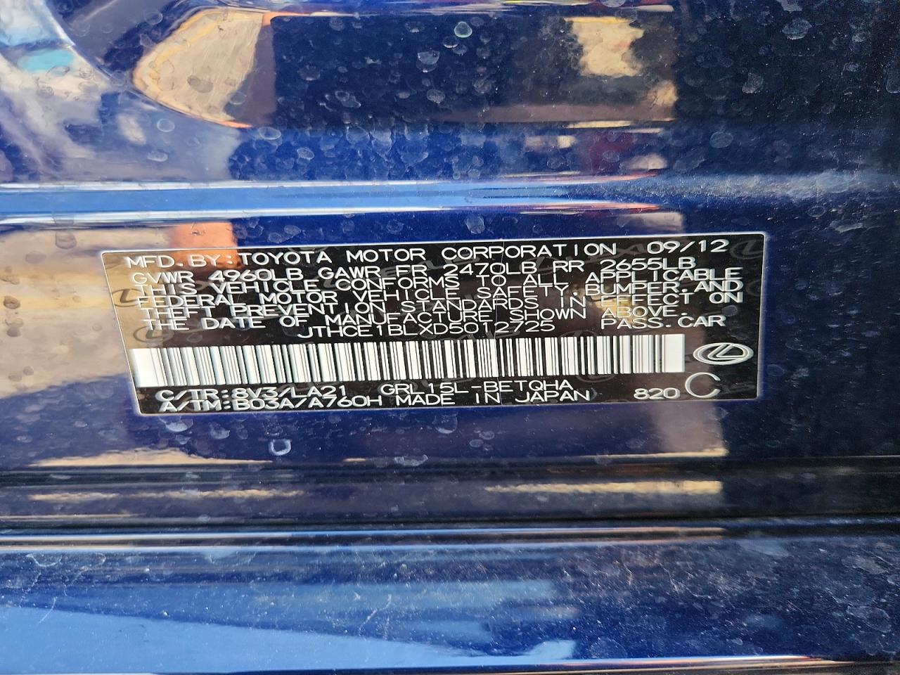 2013 Lexus 4d Gs 350 Awd Blue vin: JTHCE1BLXD5012725
