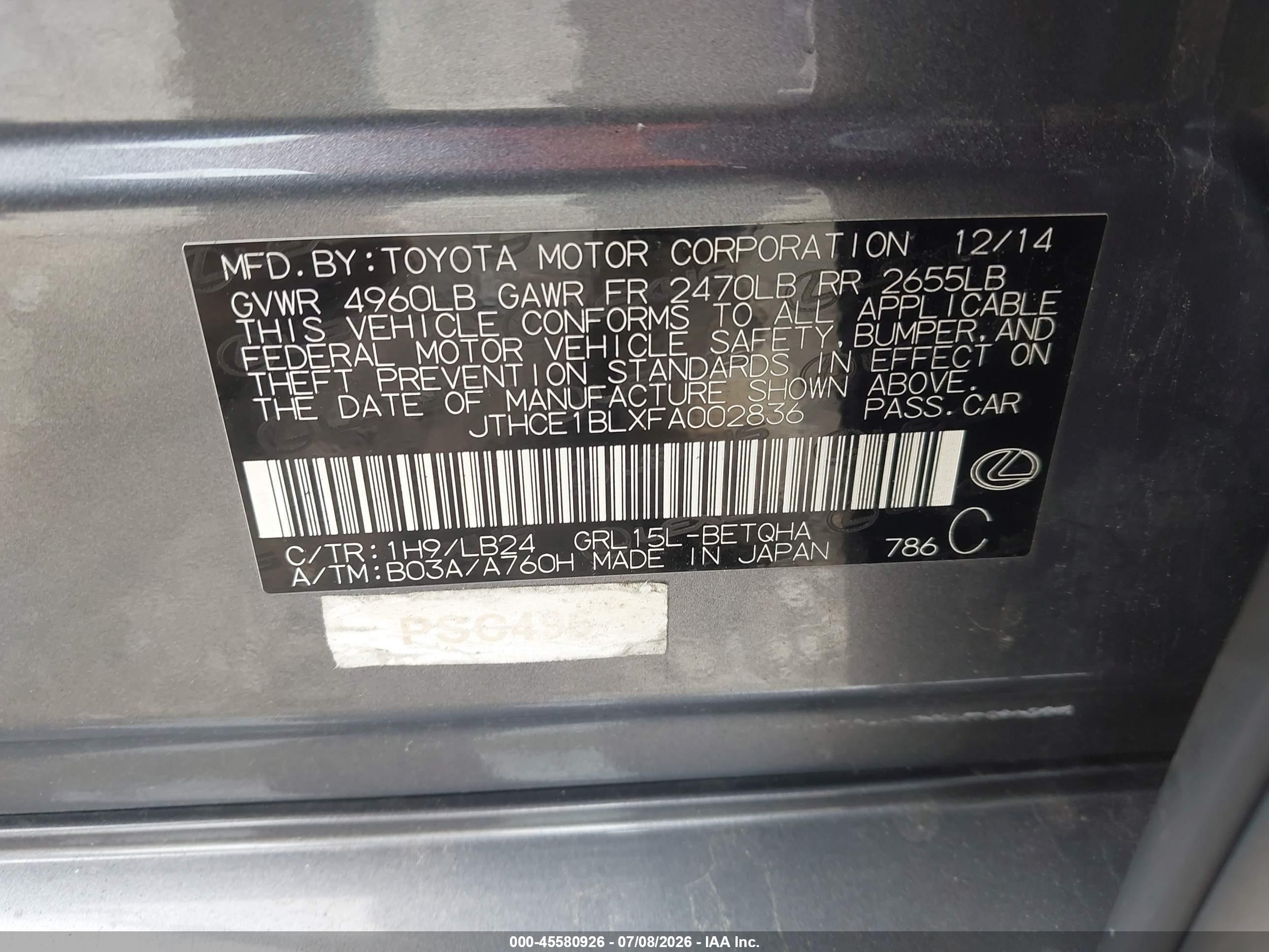 2015 Lexus Gs 350   Gray vin: JTHCE1BLXFA002836