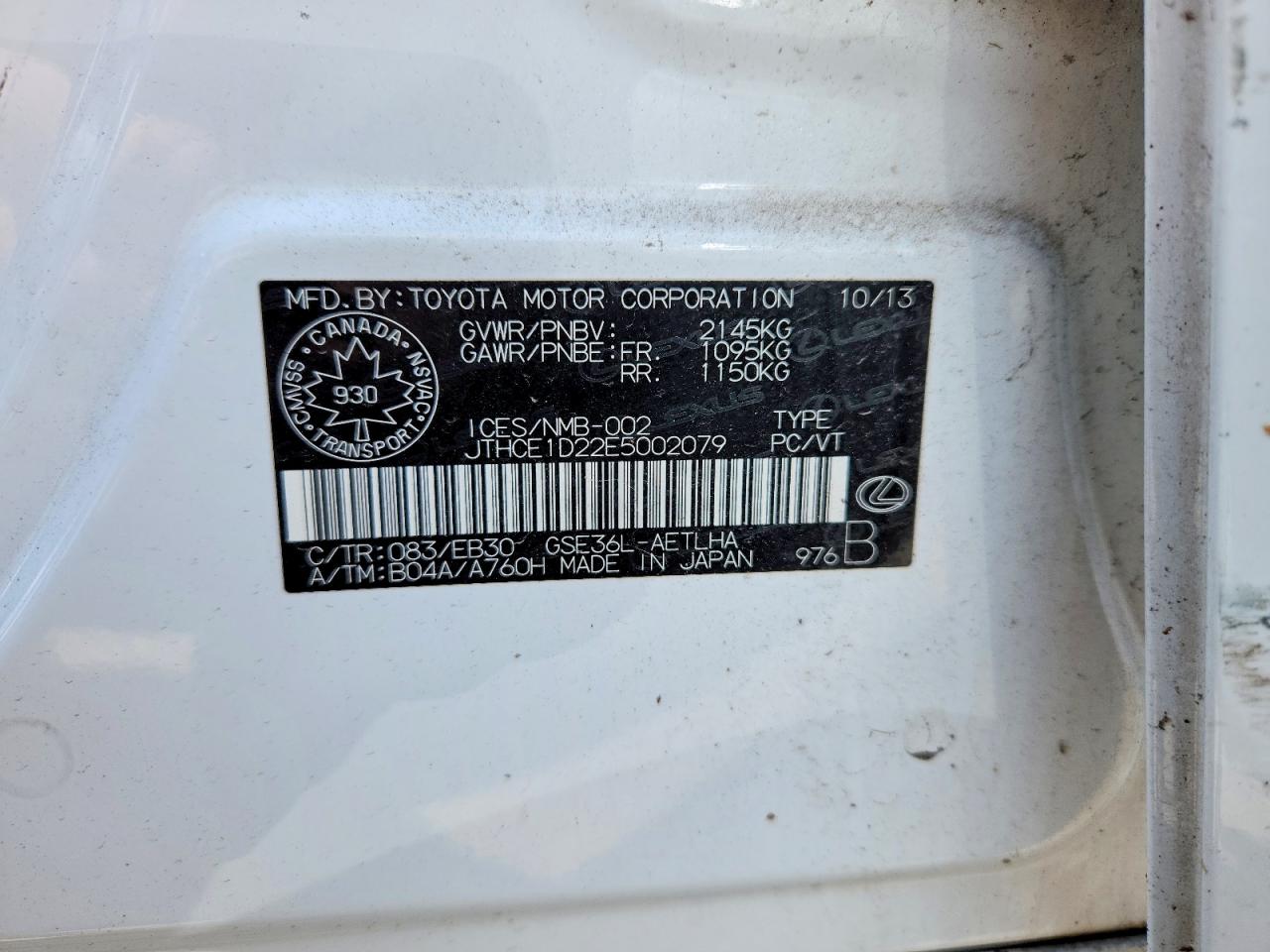 2014 Lexus Is 350 White vin: JTHCE1D22E5002079