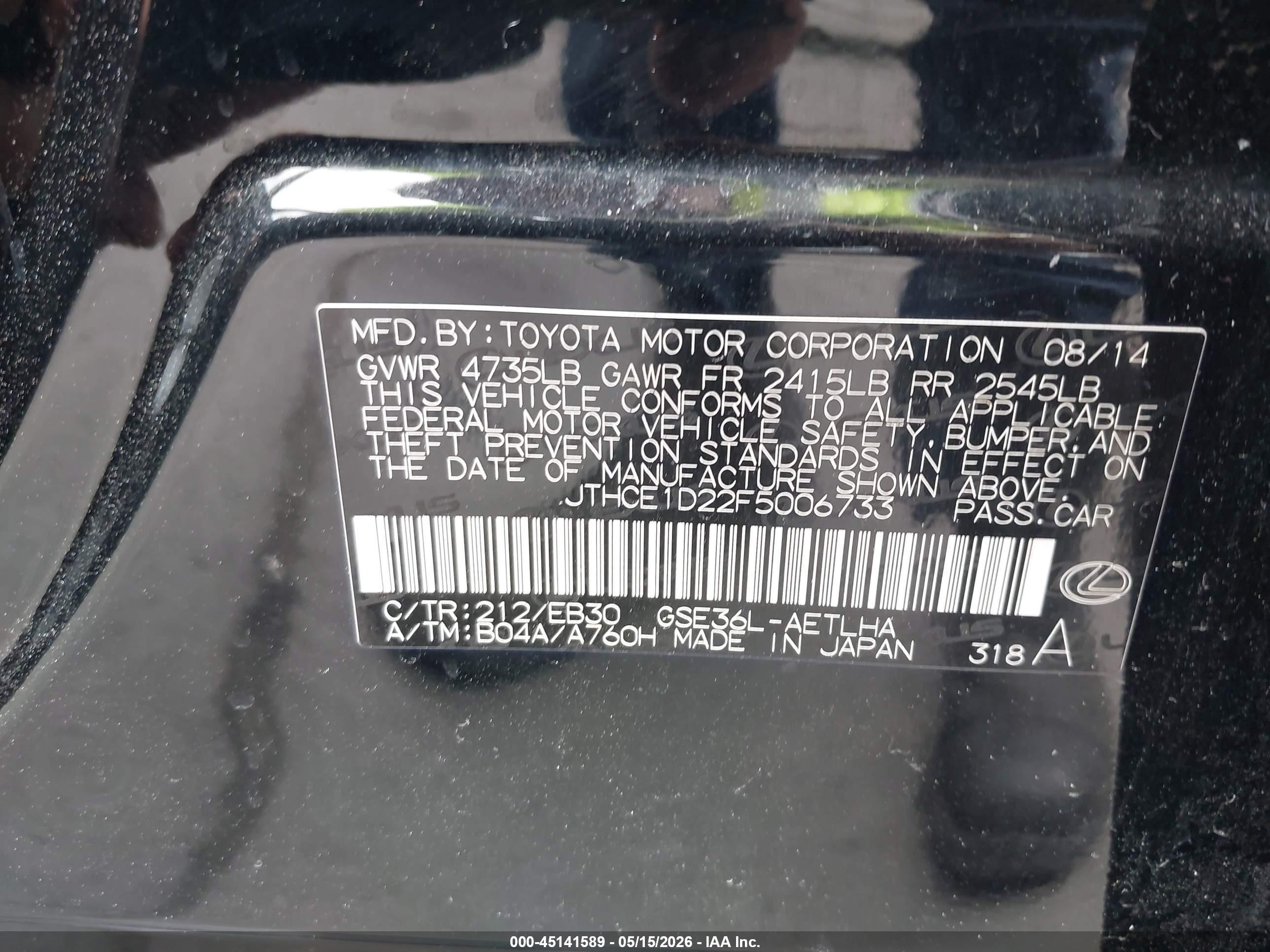 2015 Lexus Is 350 Black vin: JTHCE1D22F5006733