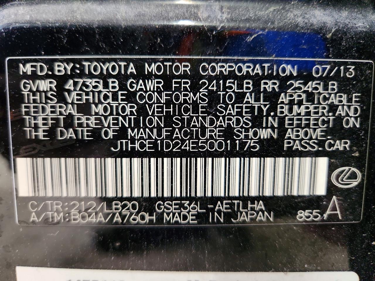 2014 Lexus Is 350 Black vin: JTHCE1D24E5001175