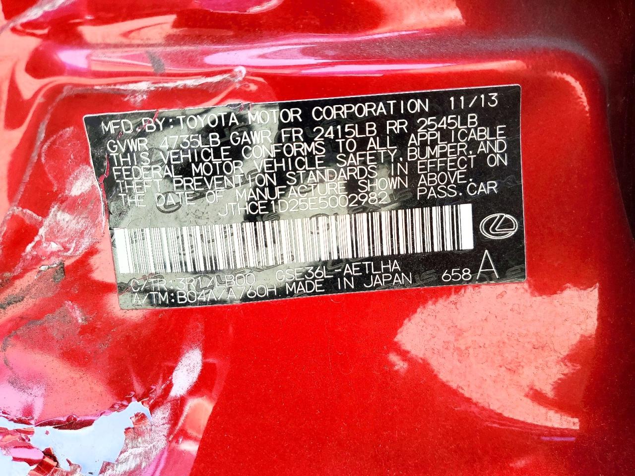 2014 Lexus Is 350 Red vin: JTHCE1D25E5002982