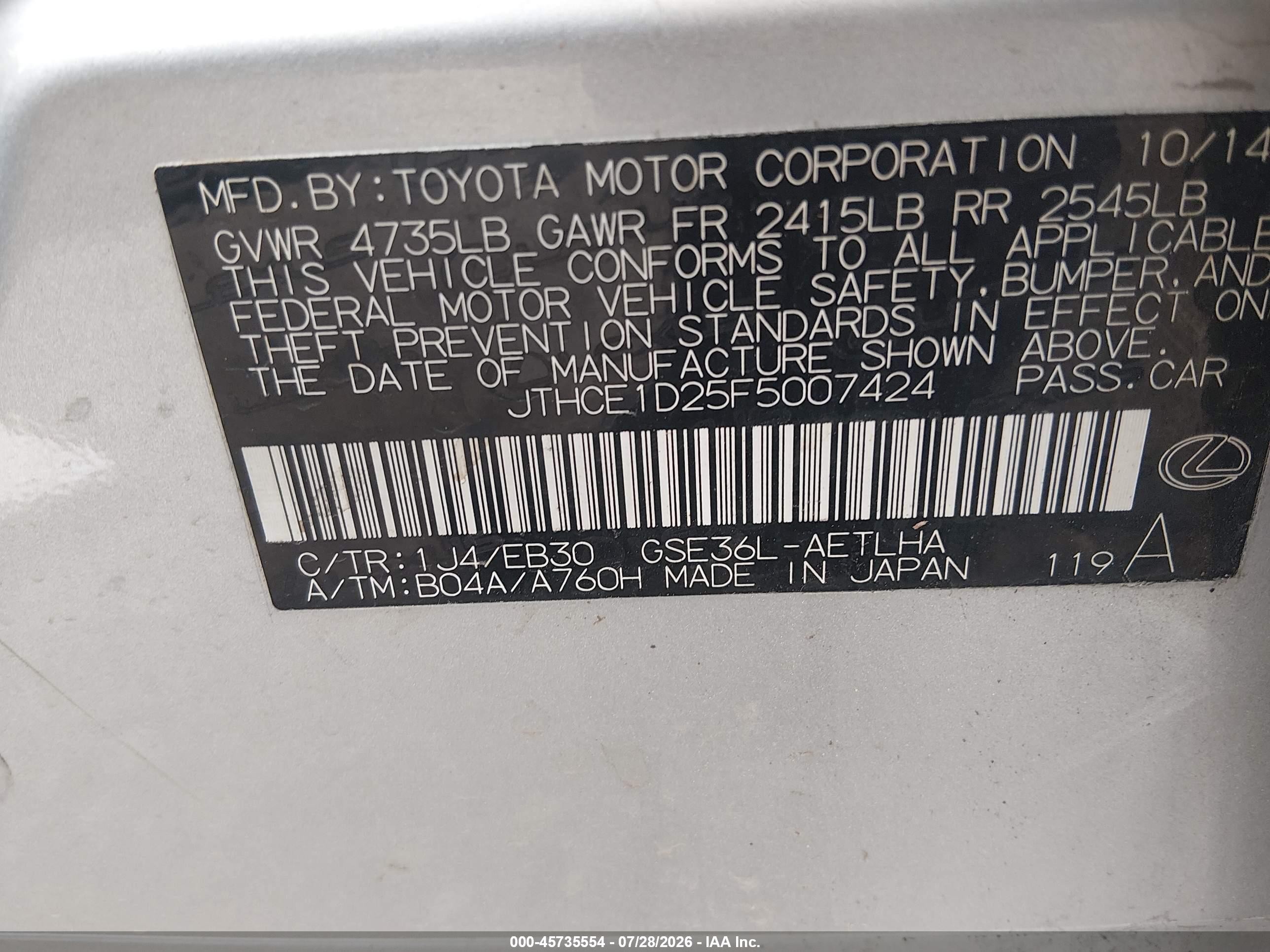 2015 Lexus Is 350   Silver vin: JTHCE1D25F5007424