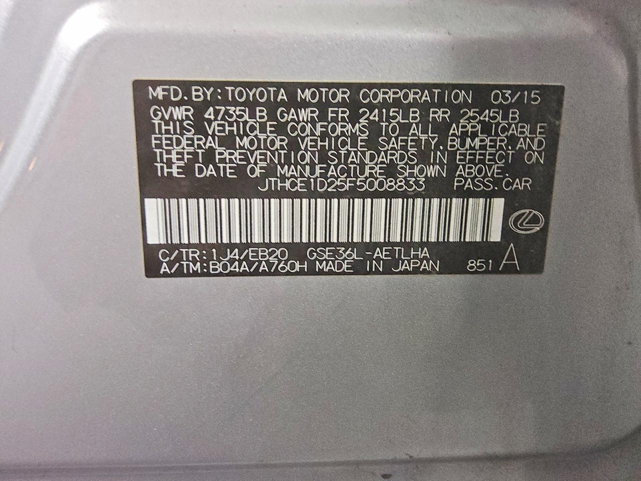 2015 Lexus Is 350 Silver vin: JTHCE1D25F5008833