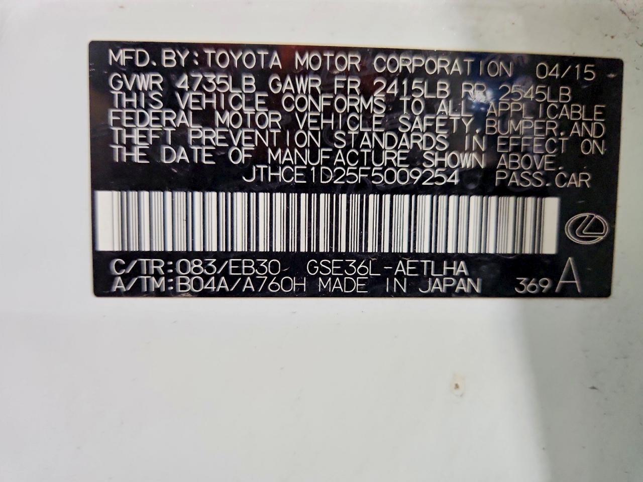 2015 Lexus Is 350 White vin: JTHCE1D25F5009254