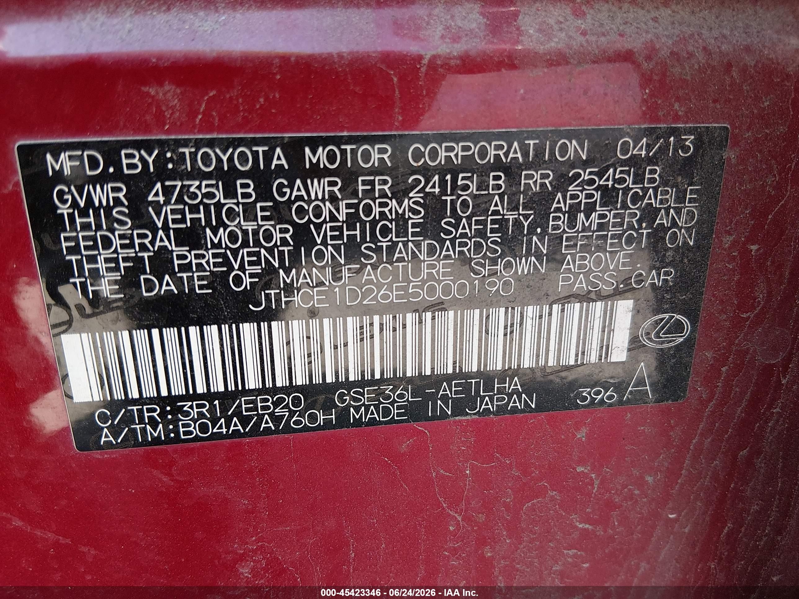 2014 Lexus Is 350   Red vin: JTHCE1D26E5000190